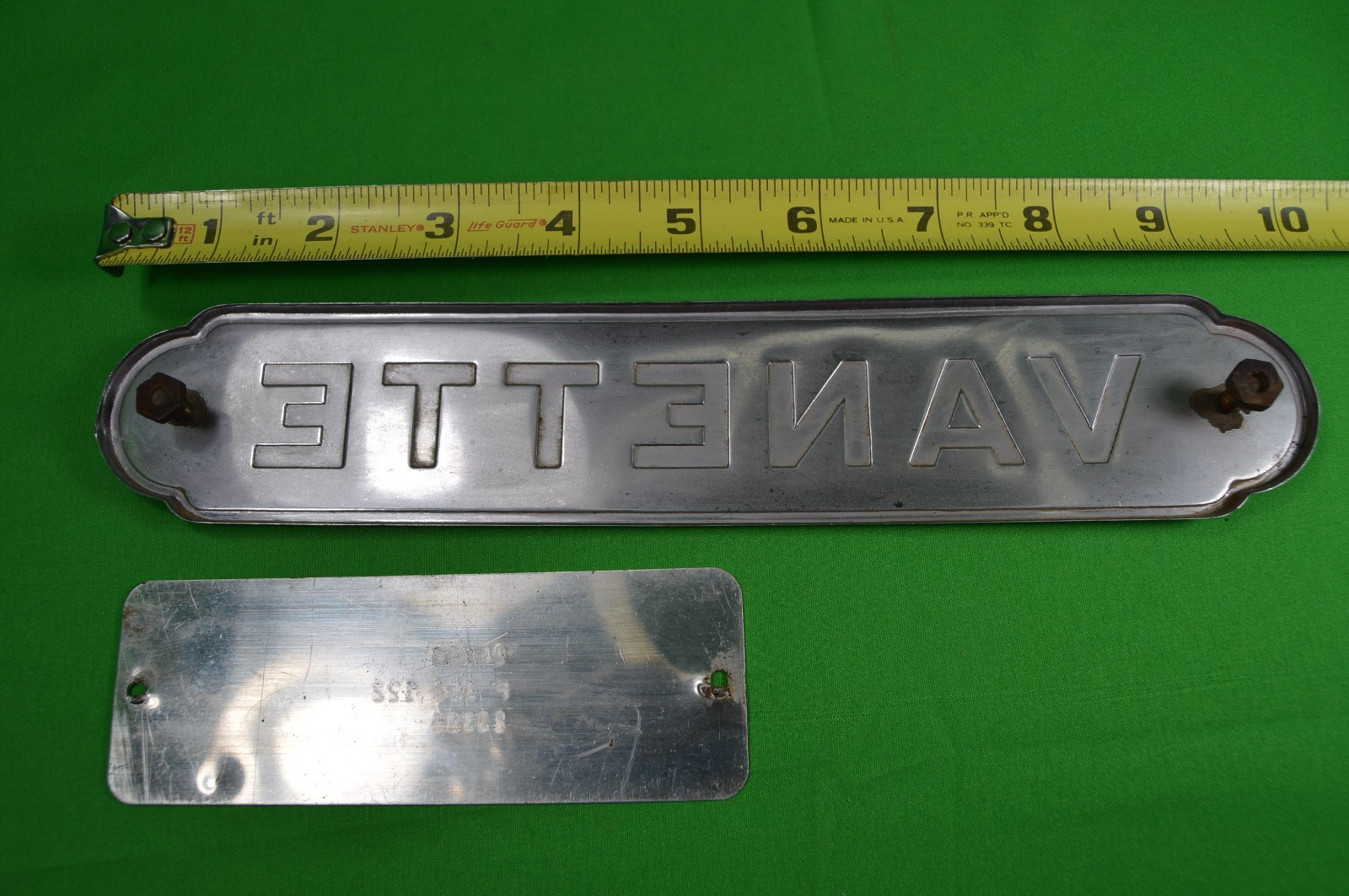 Original Vanette Emblem Ornament W/ Data Body Plate,Black & Chrome,40s,50s,60s?