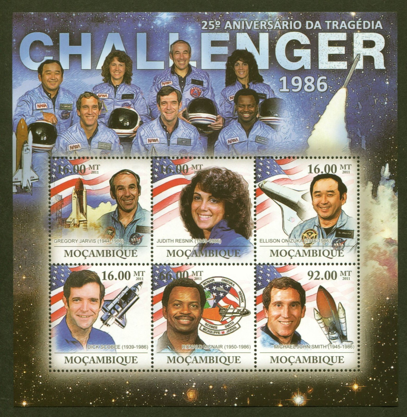 Mozambique Sc# 2265, Space Shuttle Challenger Astronauts, 2011 VF MNH Sheet of 6