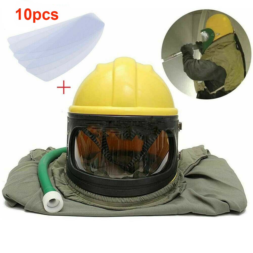 AIR FED Supplied Safety Sandblast Helmet Sand Blast Hood Protector Yellow+10Lens