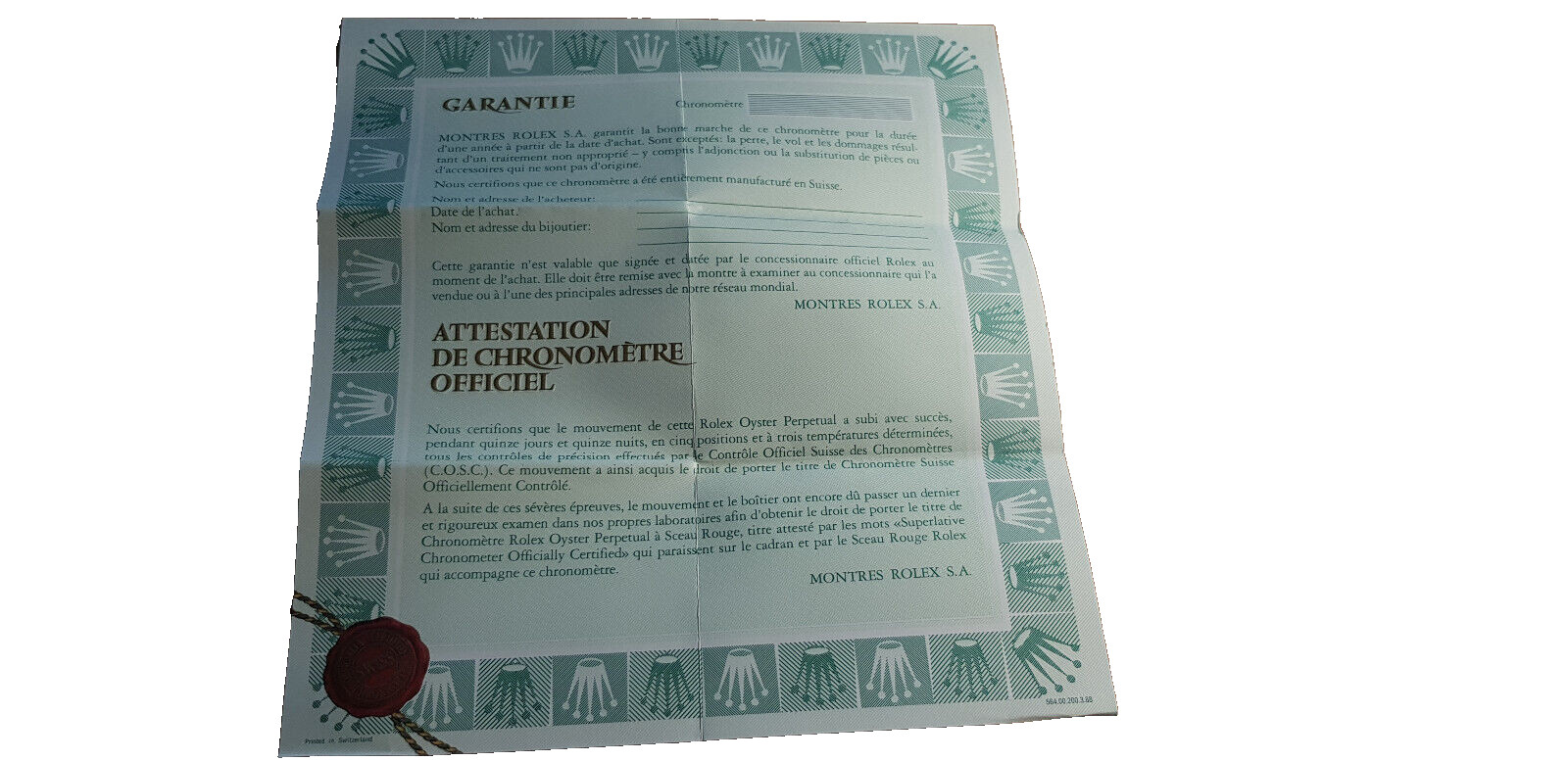 Rolex Oyster Perpetual Chronometre-Certific 1988 french blanc 564.00.200.3.88