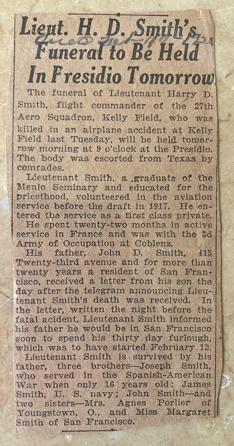 RARE! WW1 US AIR SERVICE 27th AERO SQN. PILOT LT. HARRY D SMITH (CASUALTY)PHOTO.