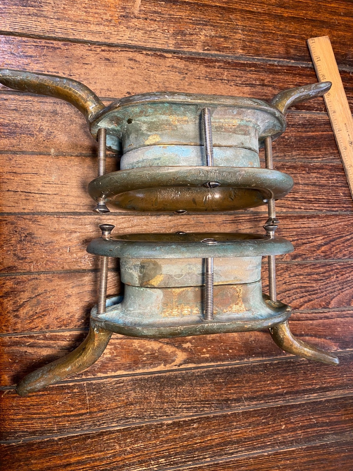 PAIR OF LARGE VINTAGE CAST BRONZE COMBINATION CLEAT/HAWSE HOLES 13" NICE PATINA!
