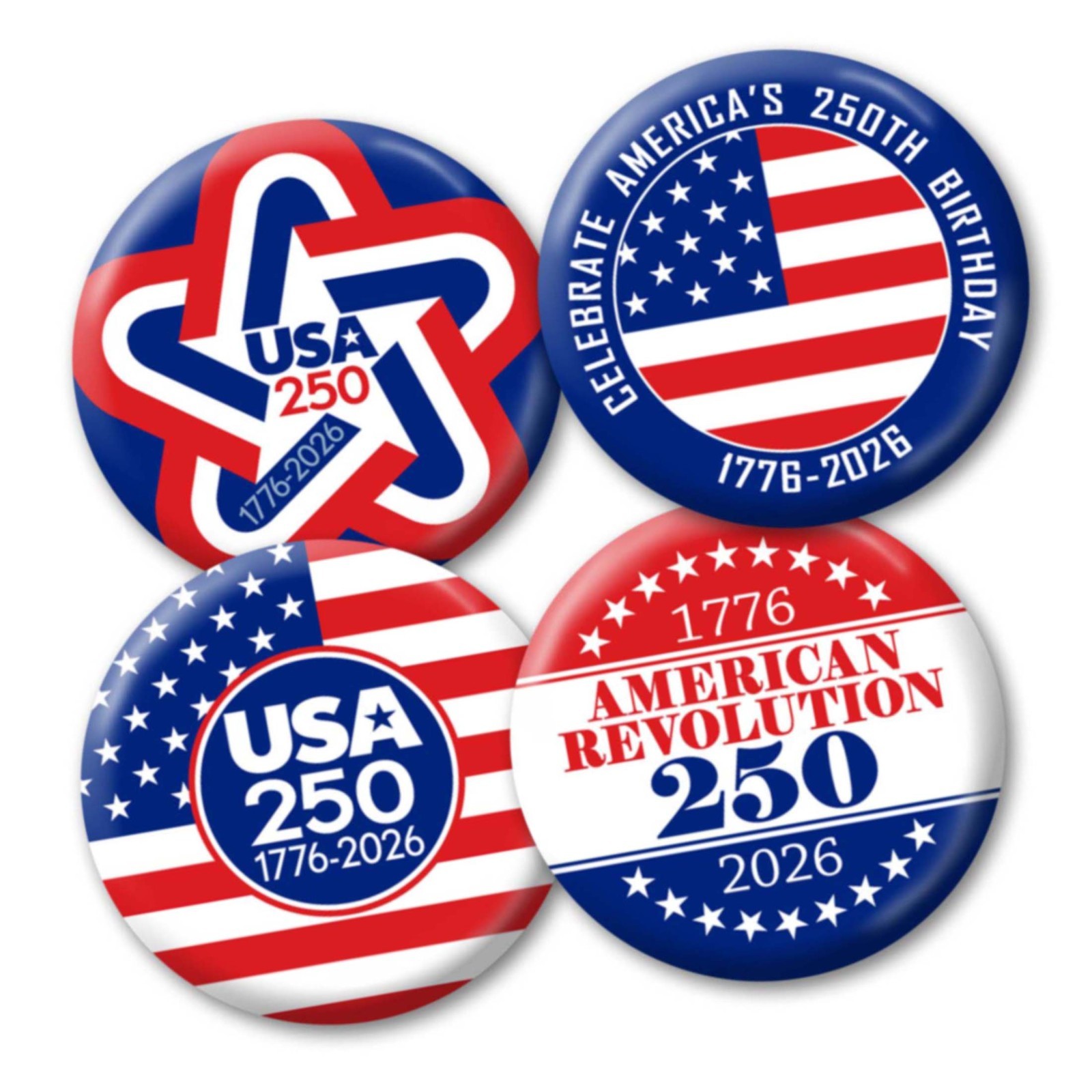 USA 250 - 25-pack Buttons - Revolution Assorted Designs 1776-2026 250th