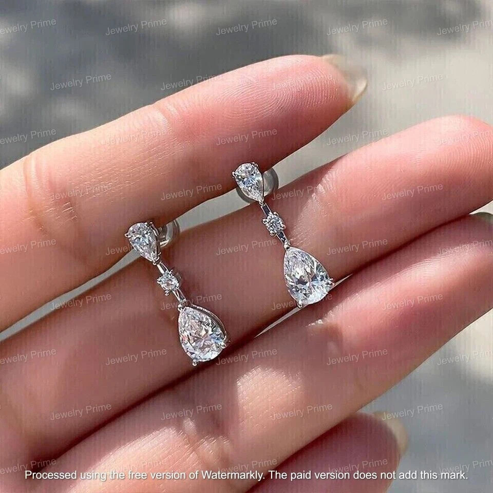 2 Ct Pear Cut Lab Created Diamond Drop & Dangle Earrings 14K White Gold Plated