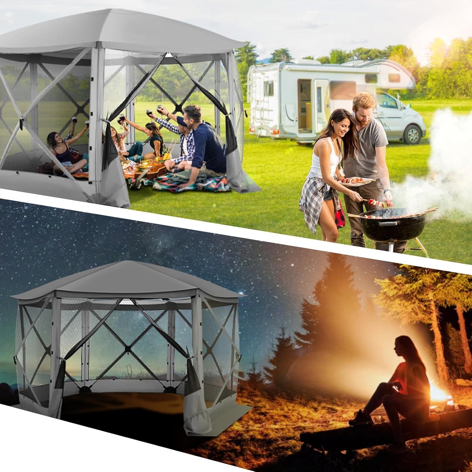 12'x12' Pop up Gazebo Screen Tent Starry Sky Sunshade Screen House for Camping