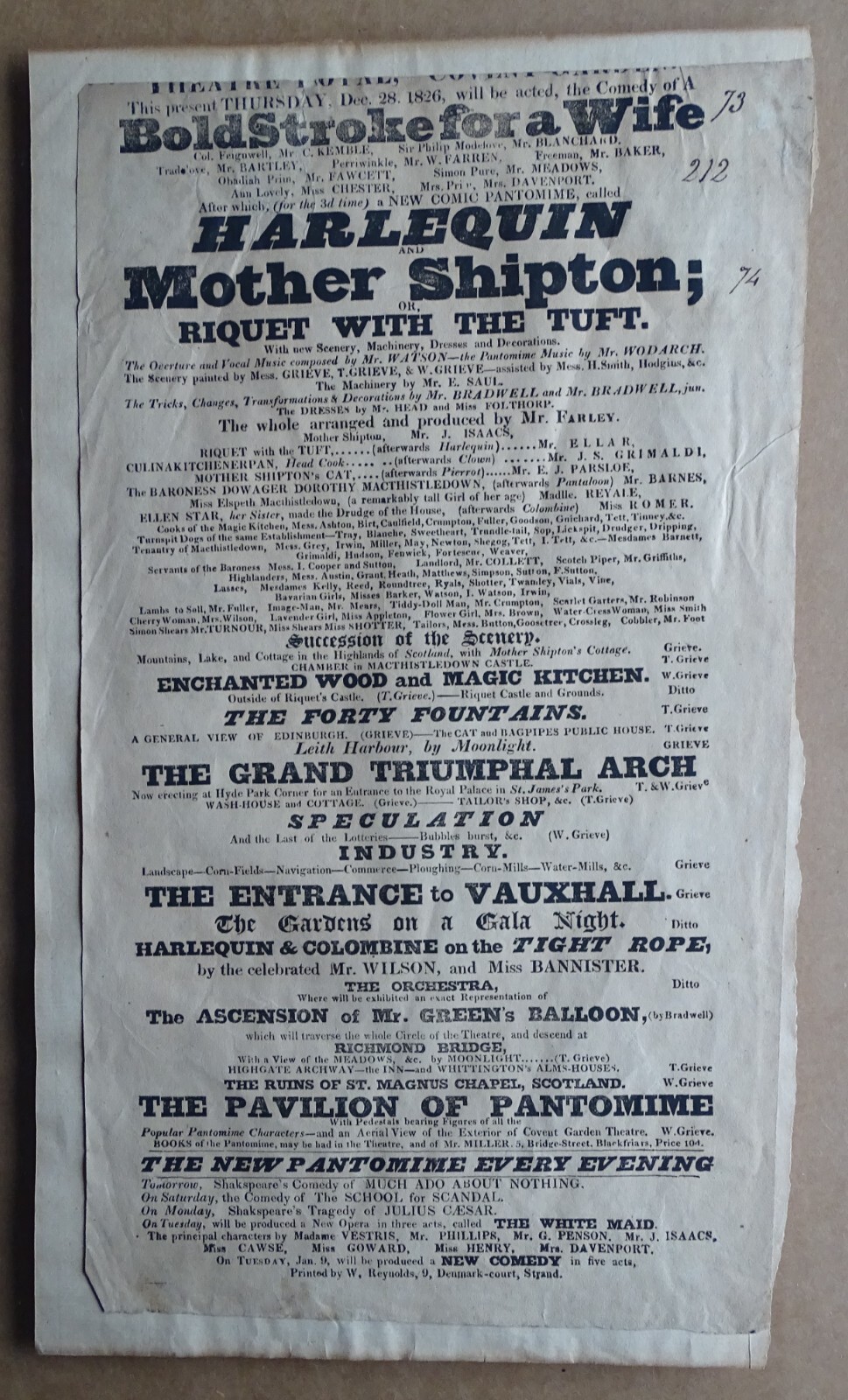 1826 Covent Garden Broadside BOLD STROKE FOR A WIFE Charles Green balloonist