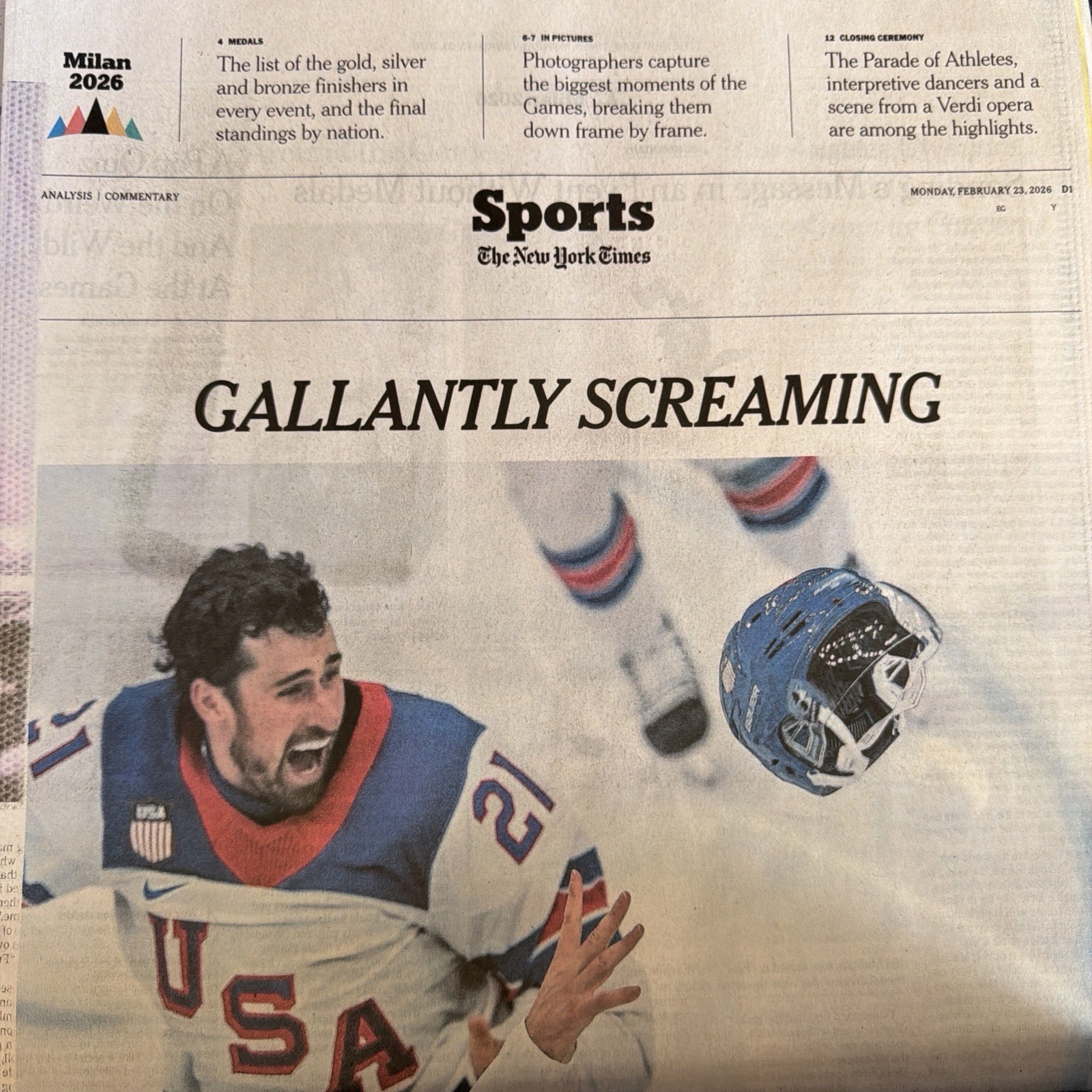 HISTORIC! Feb 23 2026 ~ NEW YORK TIMES ~ USA MEN'S HOCKEY WINS GOLD!