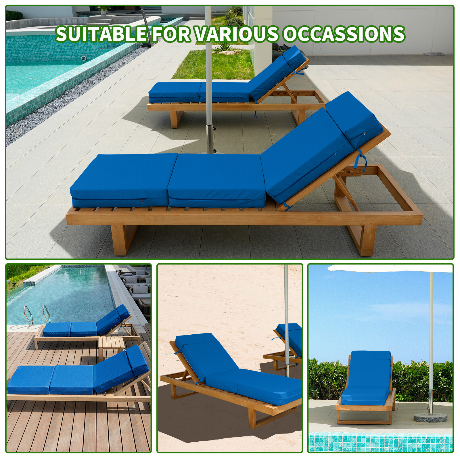 NAIZEA Chaise Lounge Cushions Outdoor Set of 2 Waterproof with Removable Cover