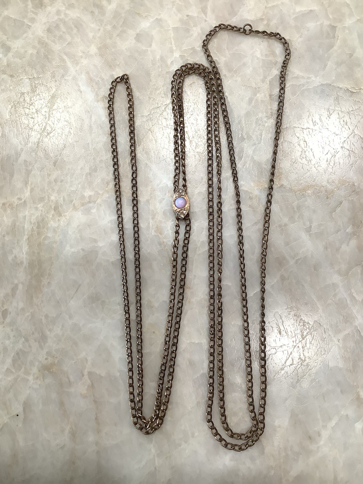 Vintage Antique Rose Gold Filled 46" Watch Chain & Opal Diamonds Slide