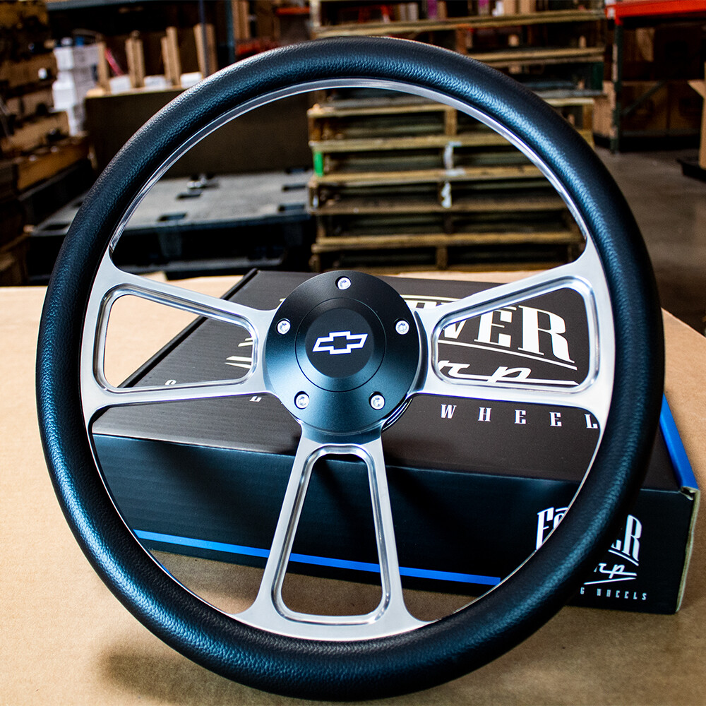 14" Billet Muscle Steering Wheel with Black Vinyl Wrap and Chevy Horn - 5 Hole