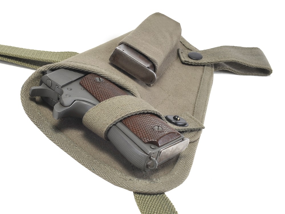 US WW2 M3 OD Canvas Colt 1911 .45 Tanker Shoulder Holster with Magazine Pouch