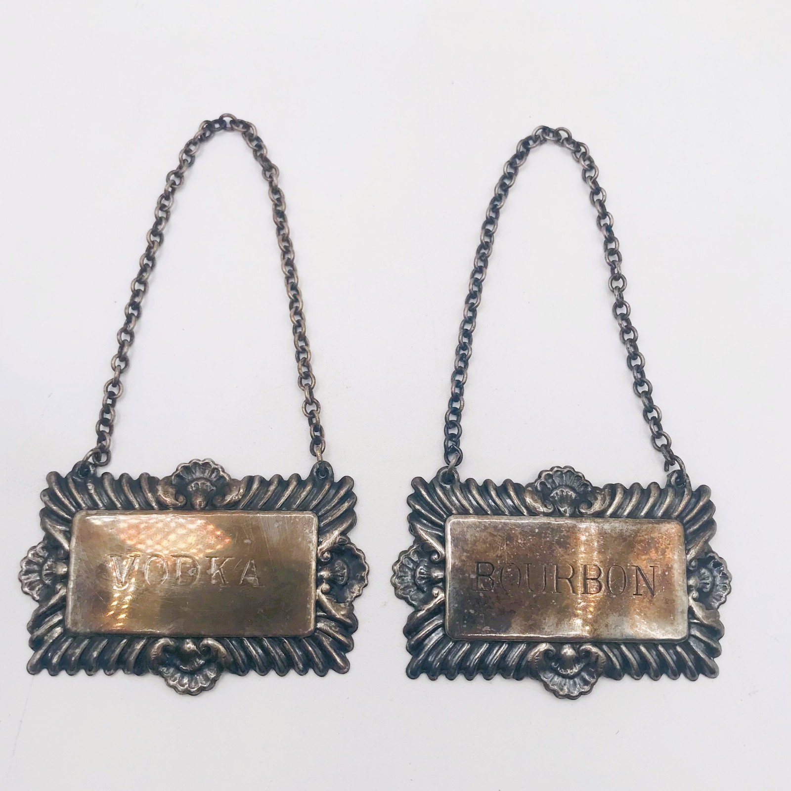 Vtg Plato EPNS Silver Plated Vodka & Bourbon Decanter Labels England SHIPS FREE!