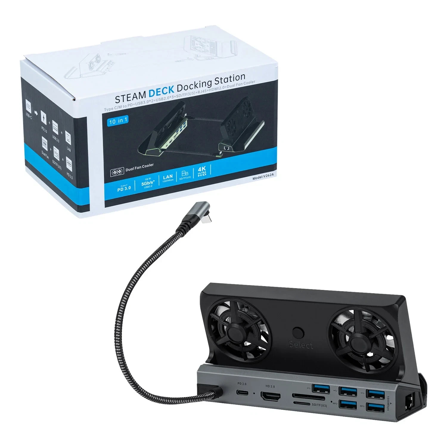 10 in 1 Docking Station with Dual Cooling Fan for Steam Deck-Gray