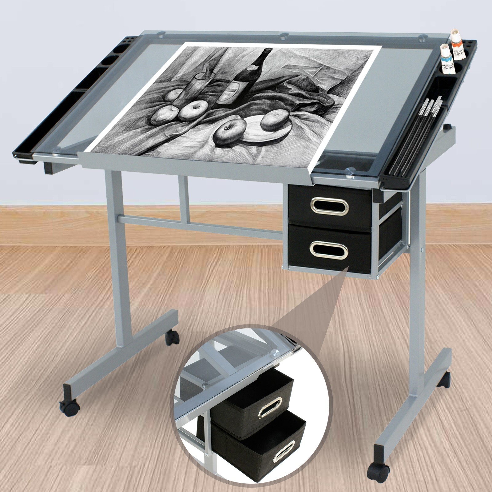 Drafting Table on Wheels Adjustable Glass Tabletop Drawing Desk w/Storage Drawer