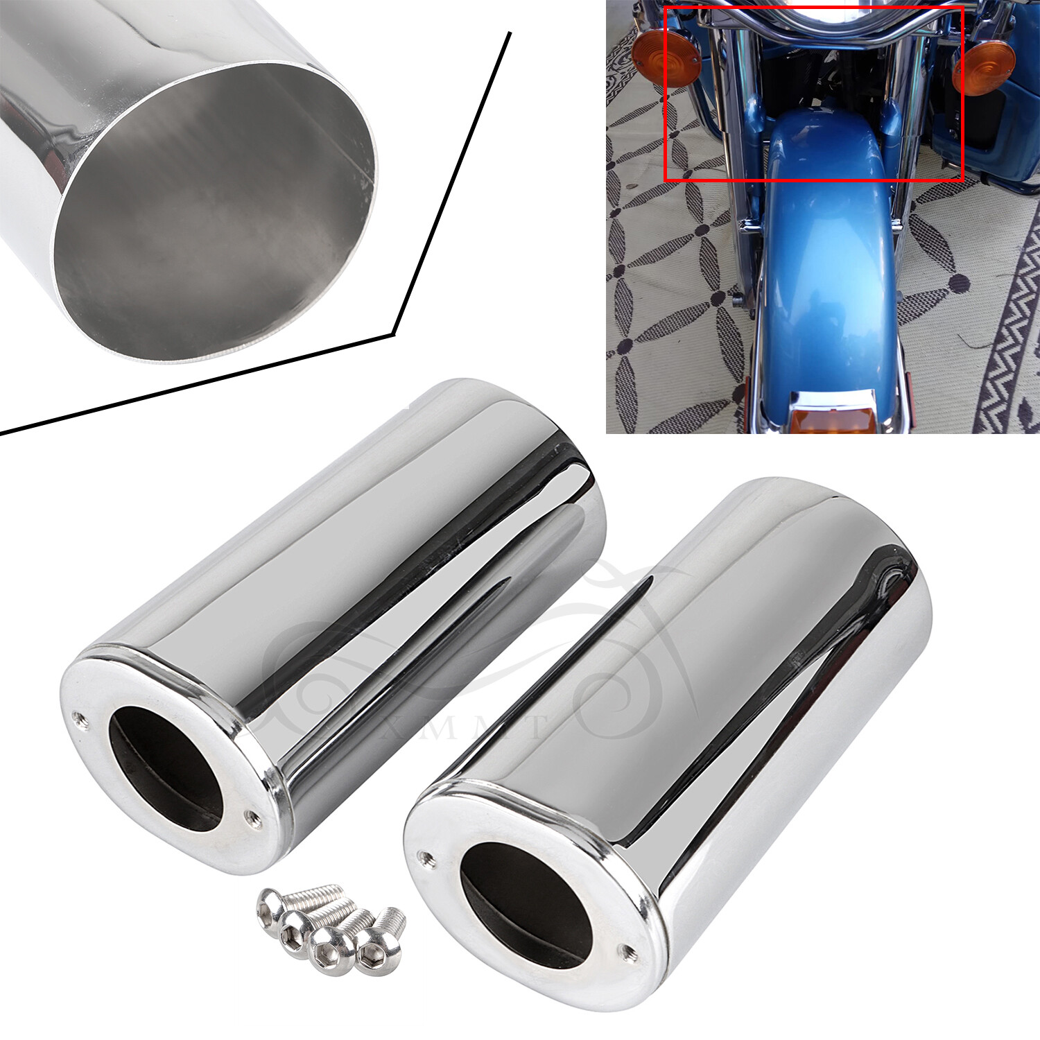 Chrome Fork Boot Slider Cover Cow Bells For Harley Street Glide Road King FLHR