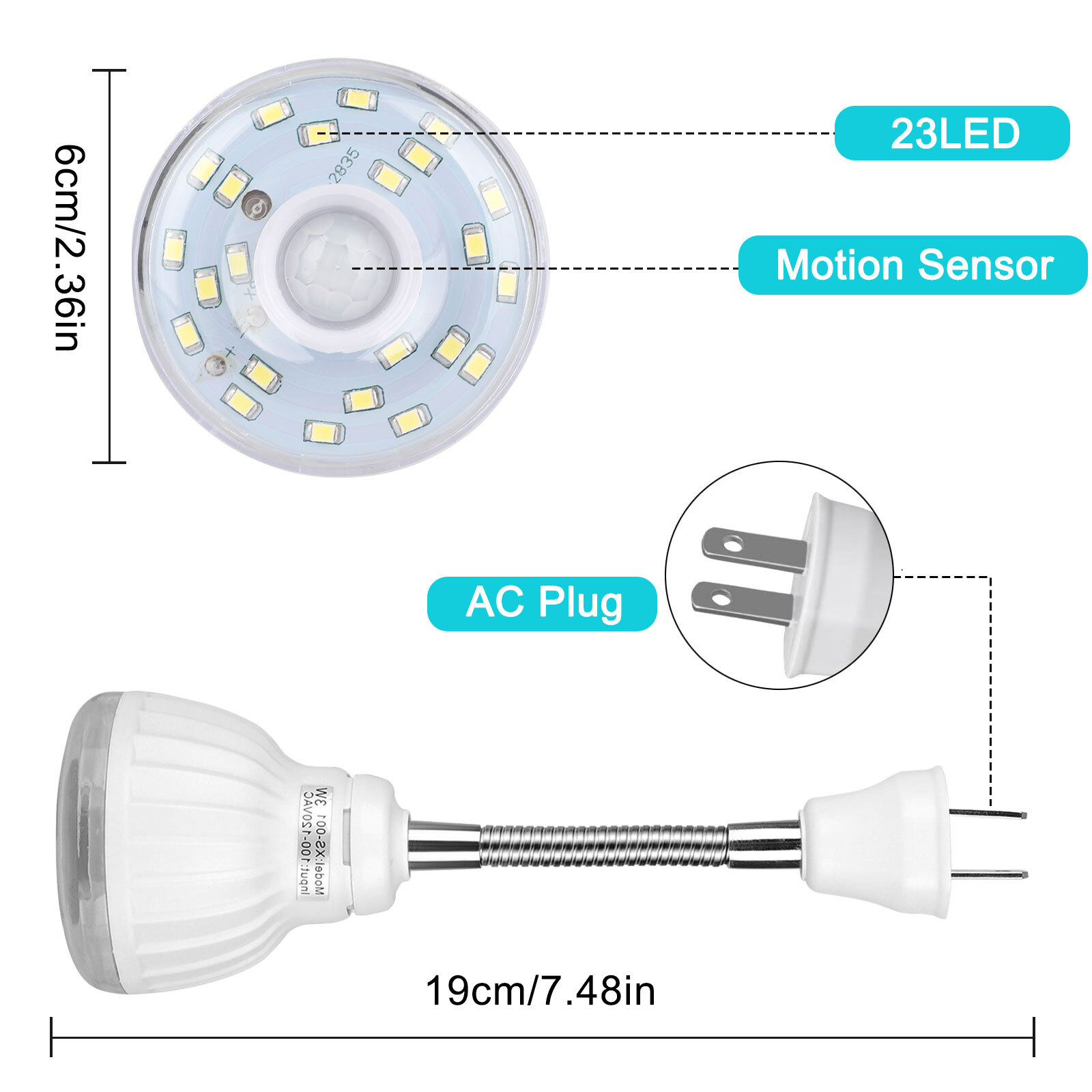LED Motion-Activated Sensor Night Light AC Outlet Plug-In Indoor Wall Stair Lamp