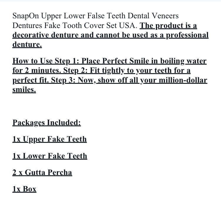 SnapOn Upper Lower False Teeth Dental Veneers Dentures Fake Tooth Cover Set USA