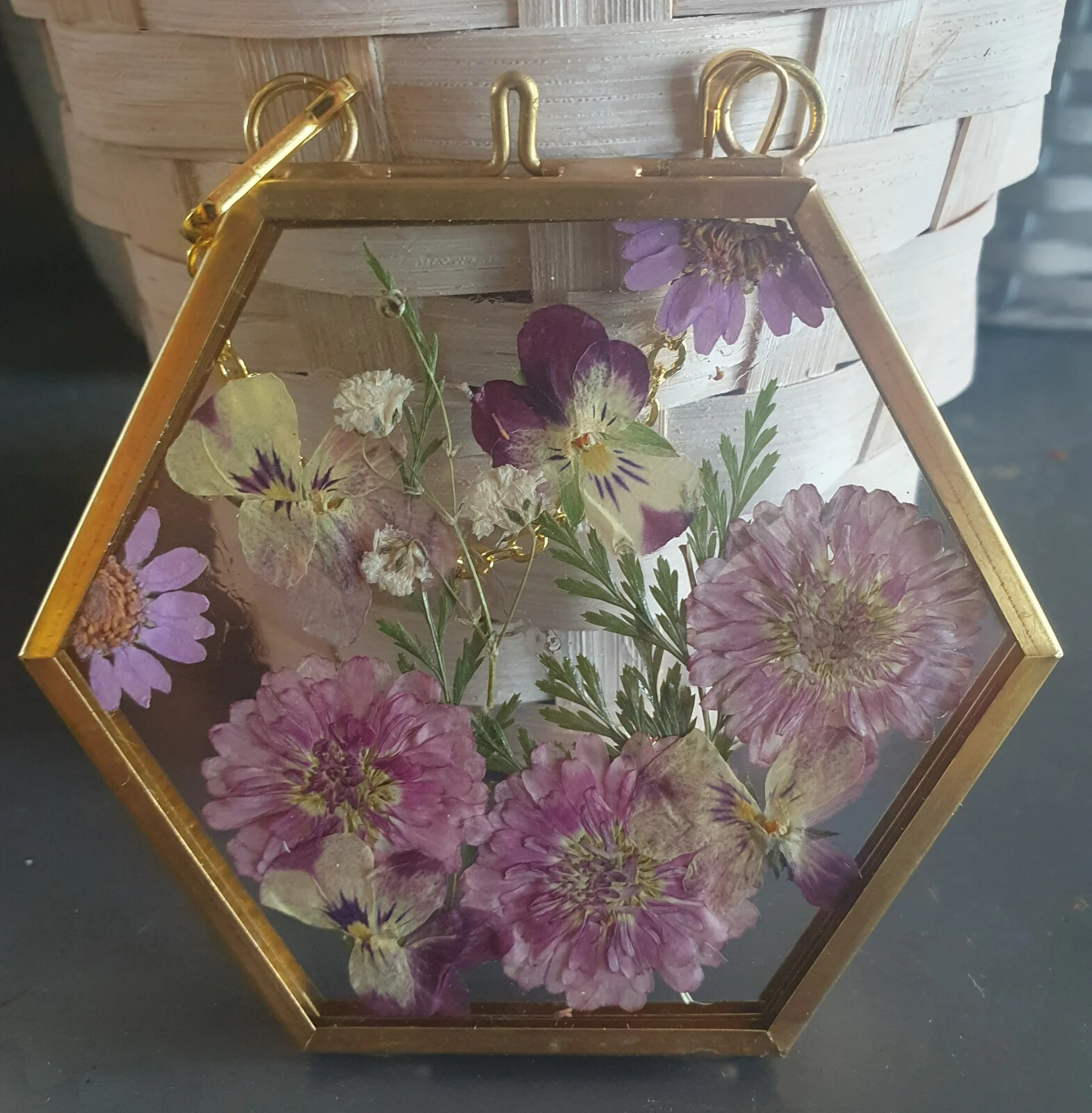Wall Art Dried Pressed Real Flowers in Glass frame hexagon Handmade
