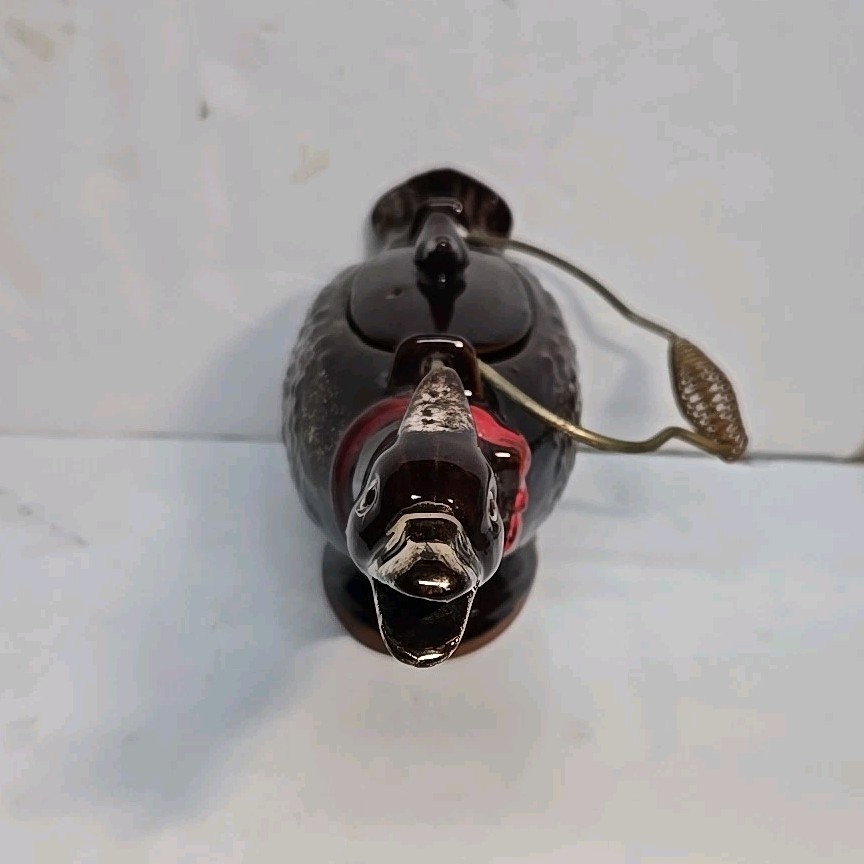 Vintage 1950's Redware Bird Shaped Teapot with Metal Spirl Handle 10in Long