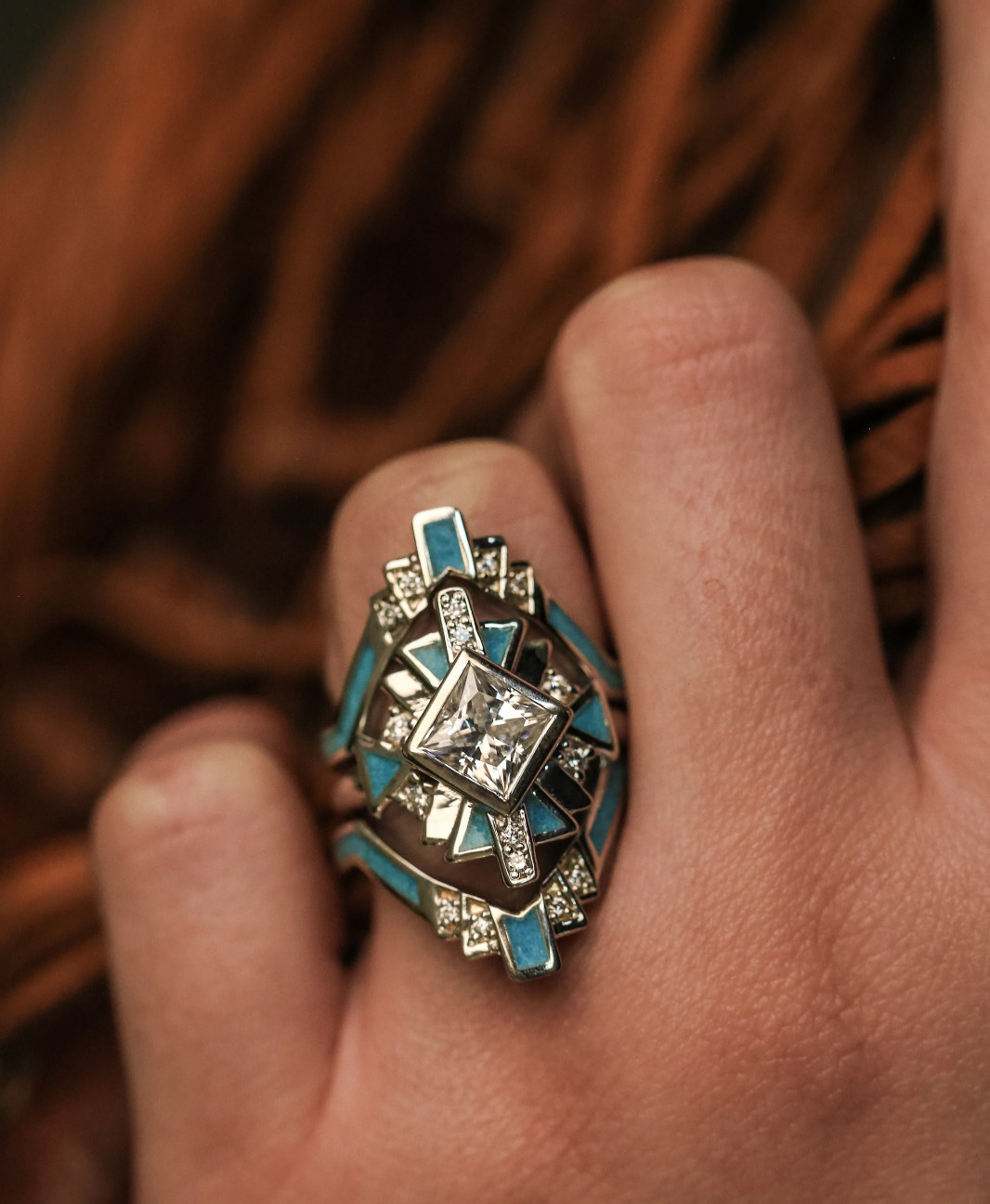 Moissanite Turquoise Bridal Set Ring 3pc Art Deco Silver Size 5.75 Geometric