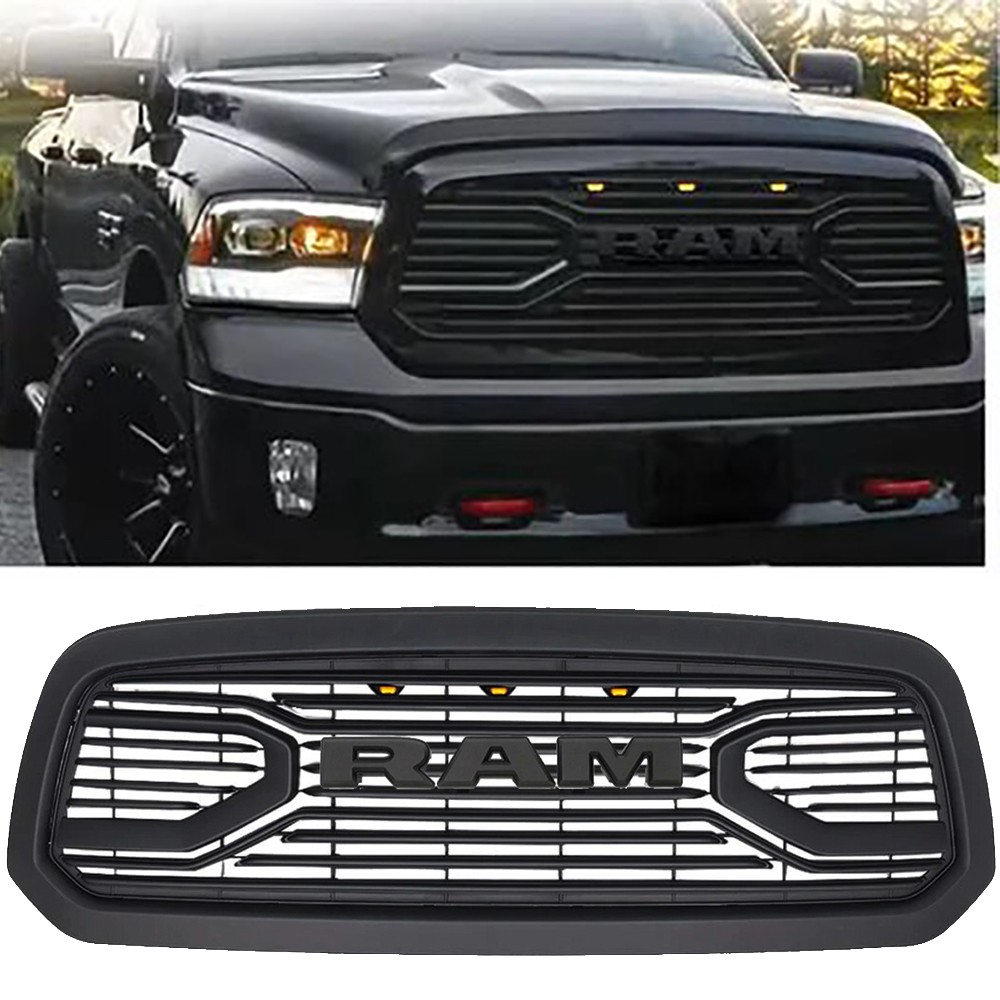 Front Grille For 2013-2018 Dodge Ram 1500 Upper Grill Matte Black W/Letter W/LED