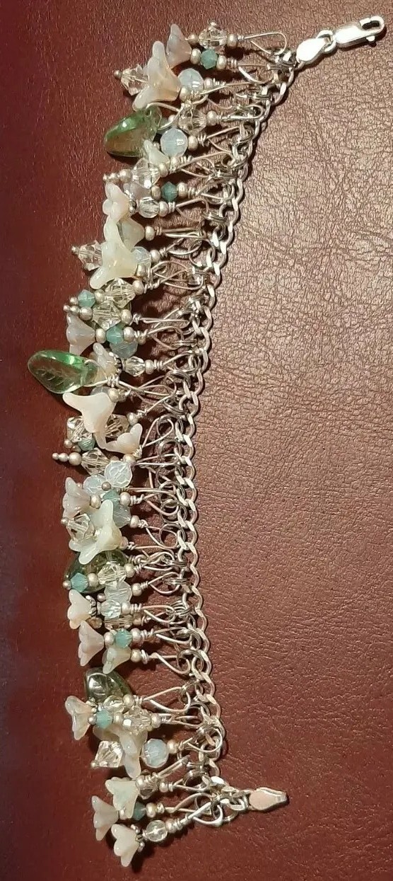 VTG Sterling Charm Braclet Pastel Dangle Opalescent Beads Flower Glass Lampwork