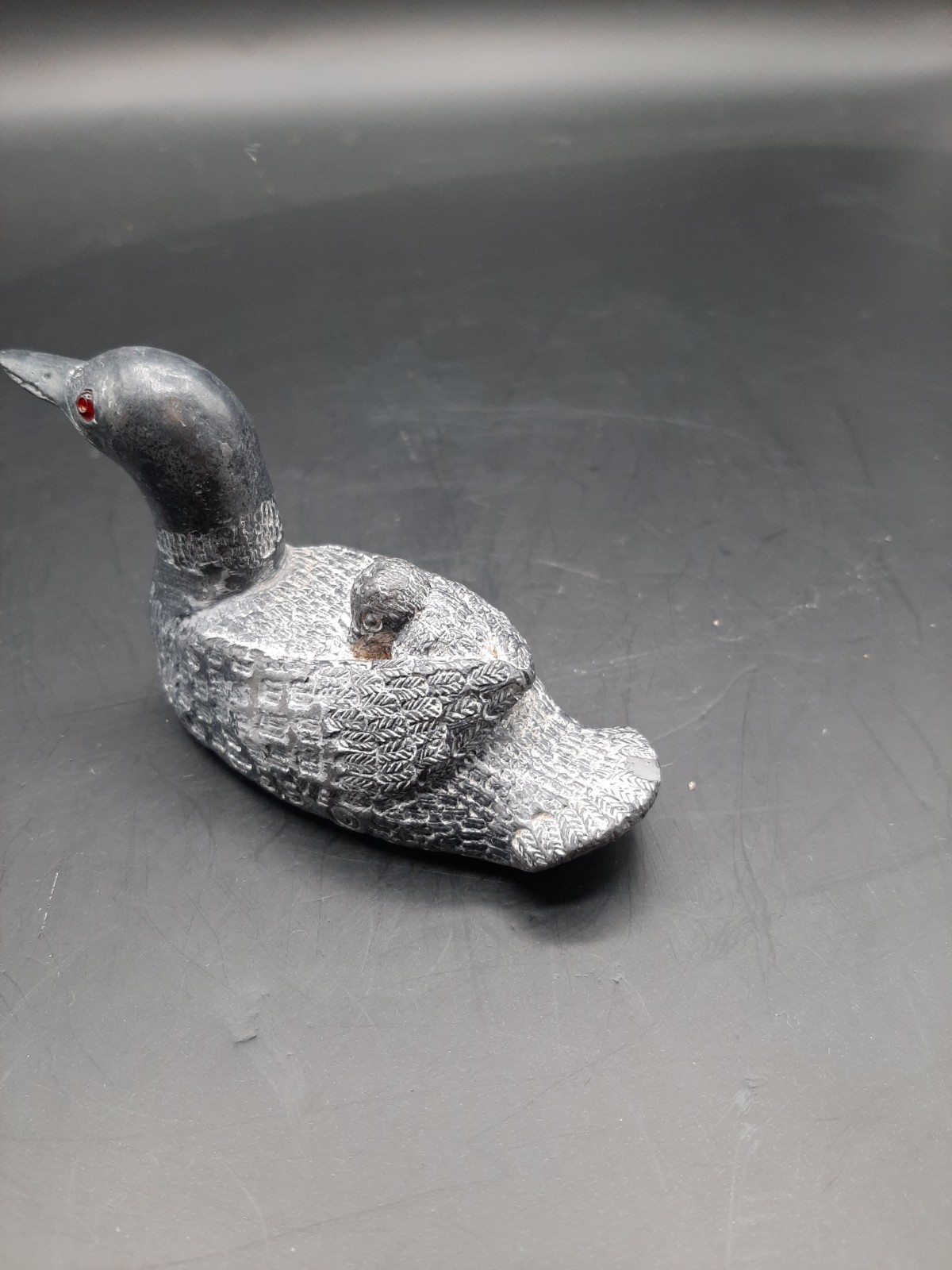 2 Wolf Original Carvings of a Loon with baby on it's back, Canada, 3 3/4" x 2"