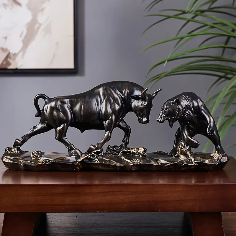 NEW Dark Bronze Style Bull & Bear Fight. Resin Figurine Sculpture 5hx11wx3d