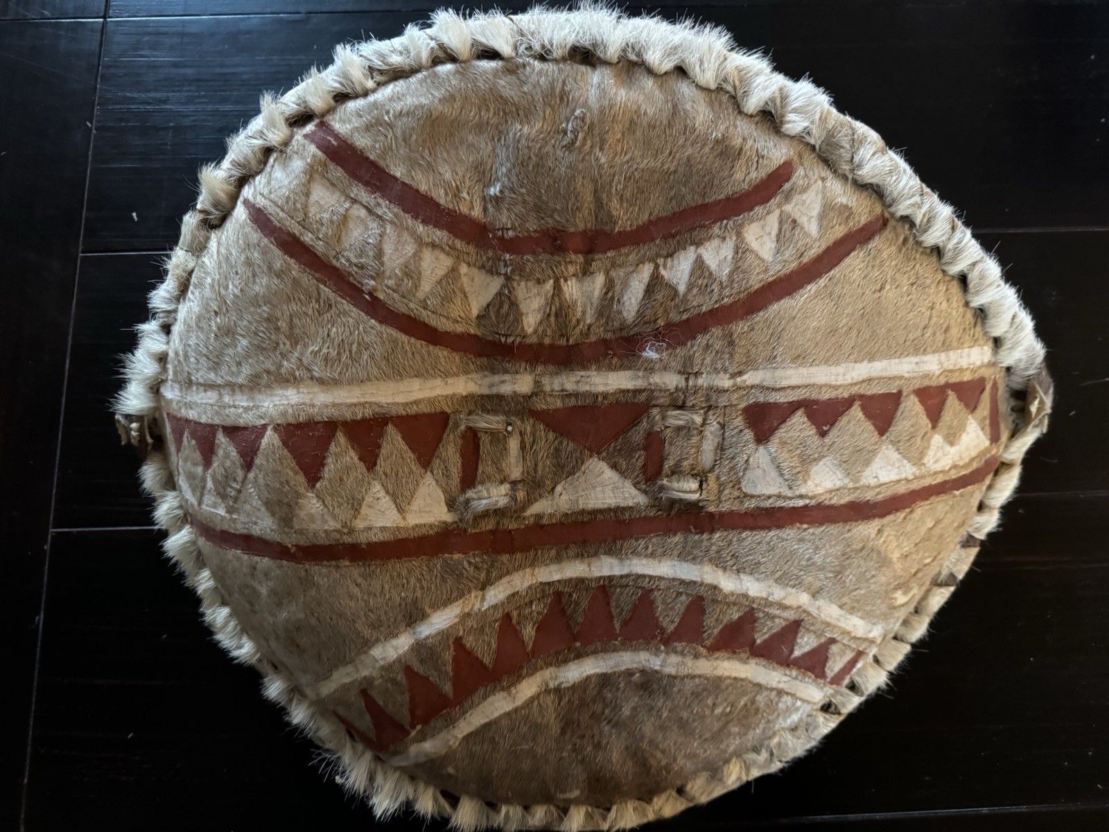 Vintage 18" Handmade African Maasai Warrior Sheild Real Fur Buffalo Hide & Wood