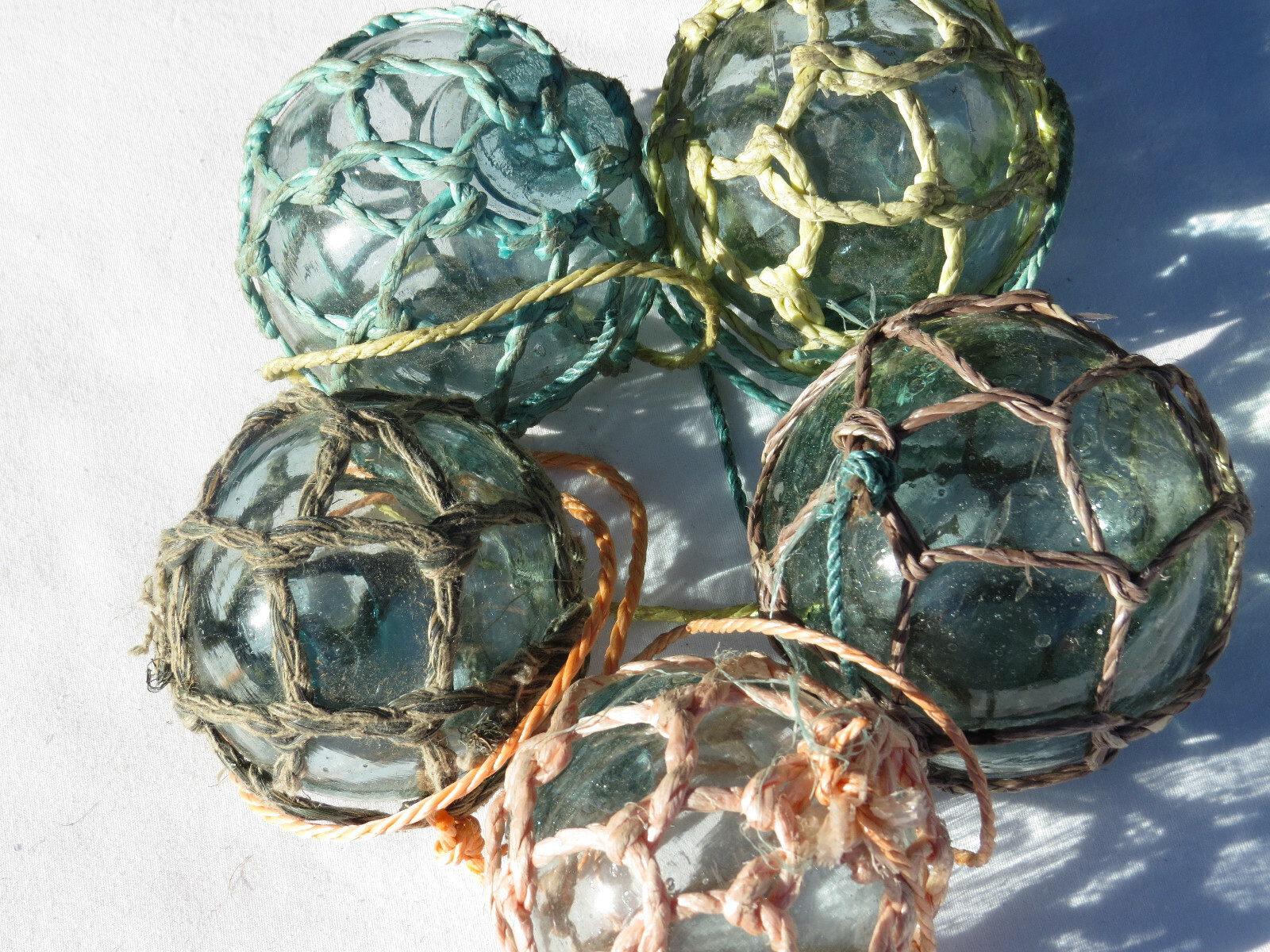 Japanese Glass Fishing FLOATS 3-3.5" Netted (5) FIVE Variable Nets Buoy Vintage