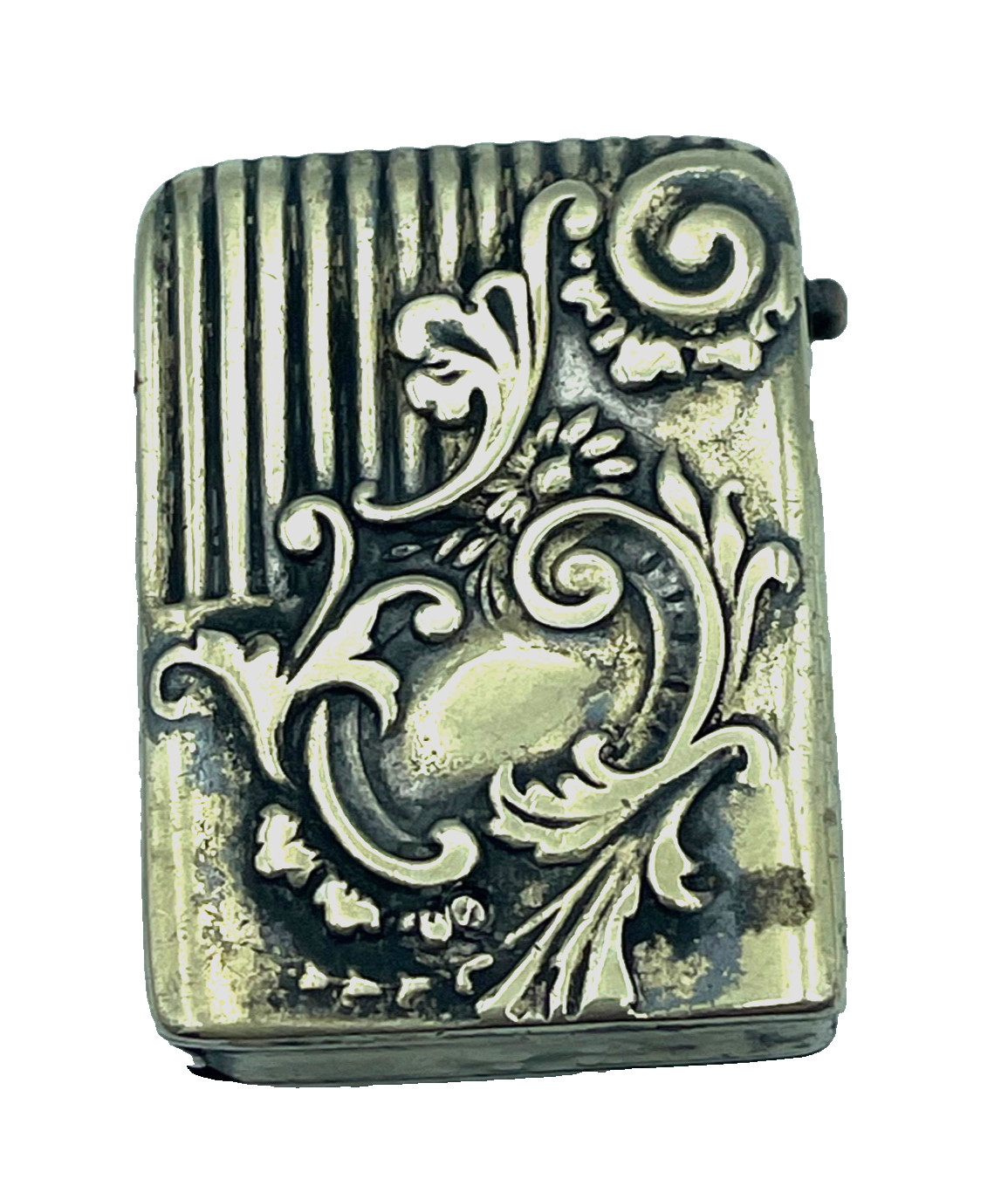Antique Small Match Safe Vesta case silver plate Victorian ornate flip-open box