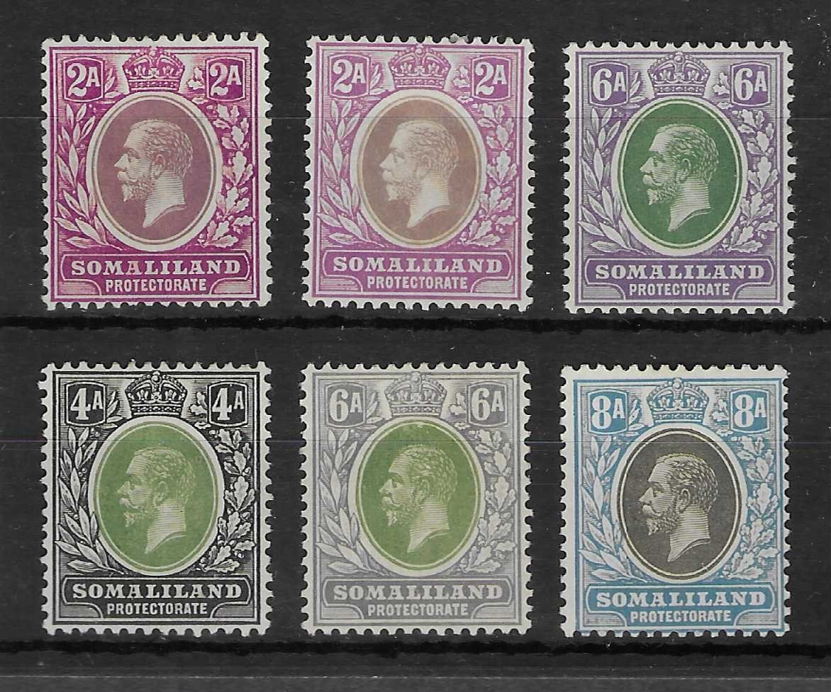 SOMALILAND PROTECTORATE 1912-19 2a x2, 6a 1921 4a, 6a, 8a MH/ HMH. (F631)