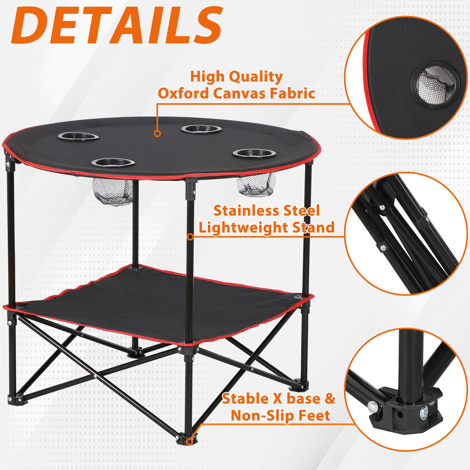 28" Round Folding Picnic Table Lightweight Canvas Beach Table w/Cup Holder Black