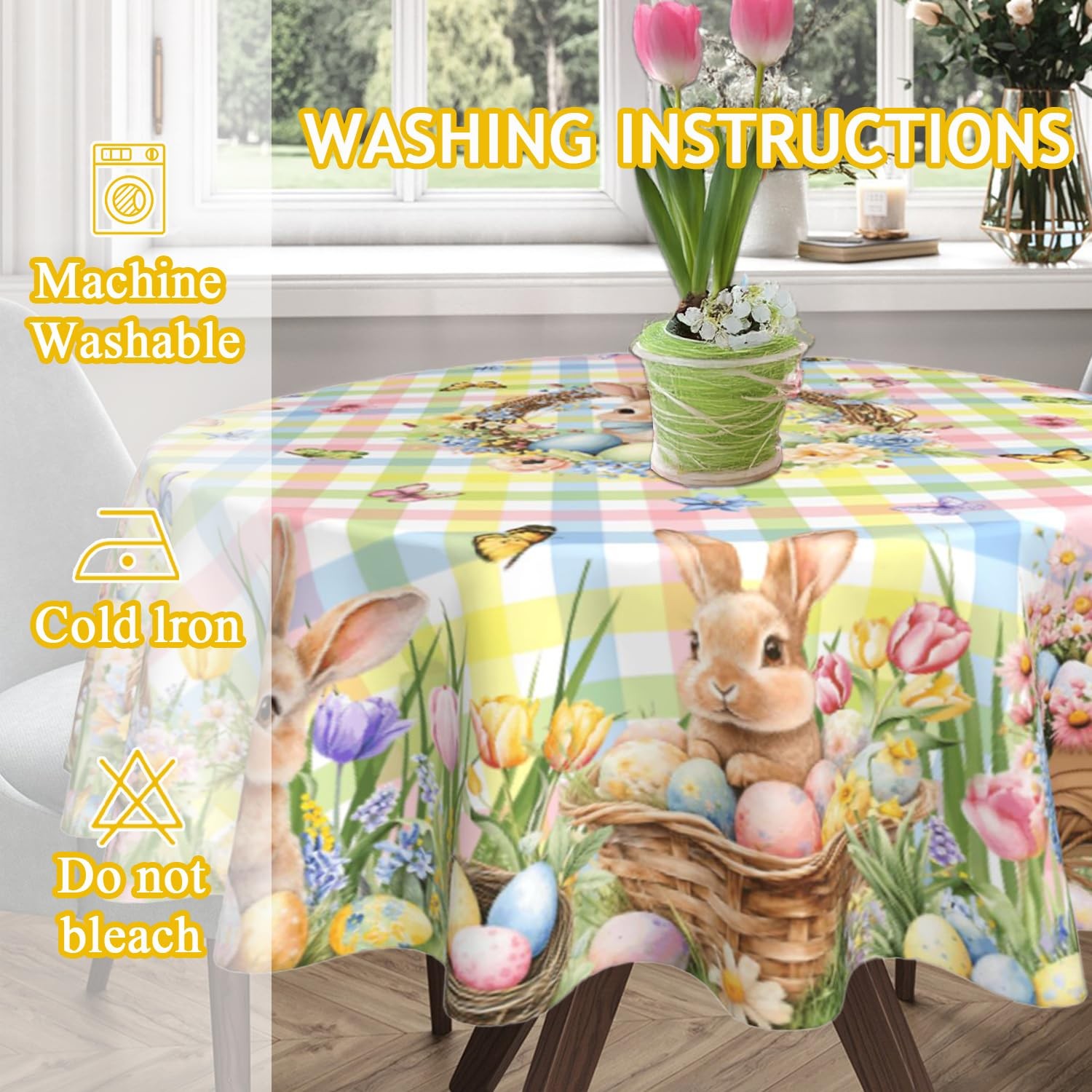 Easter Tablecloth Round 60 Inch Spring Summer 60" (Round), Bunny