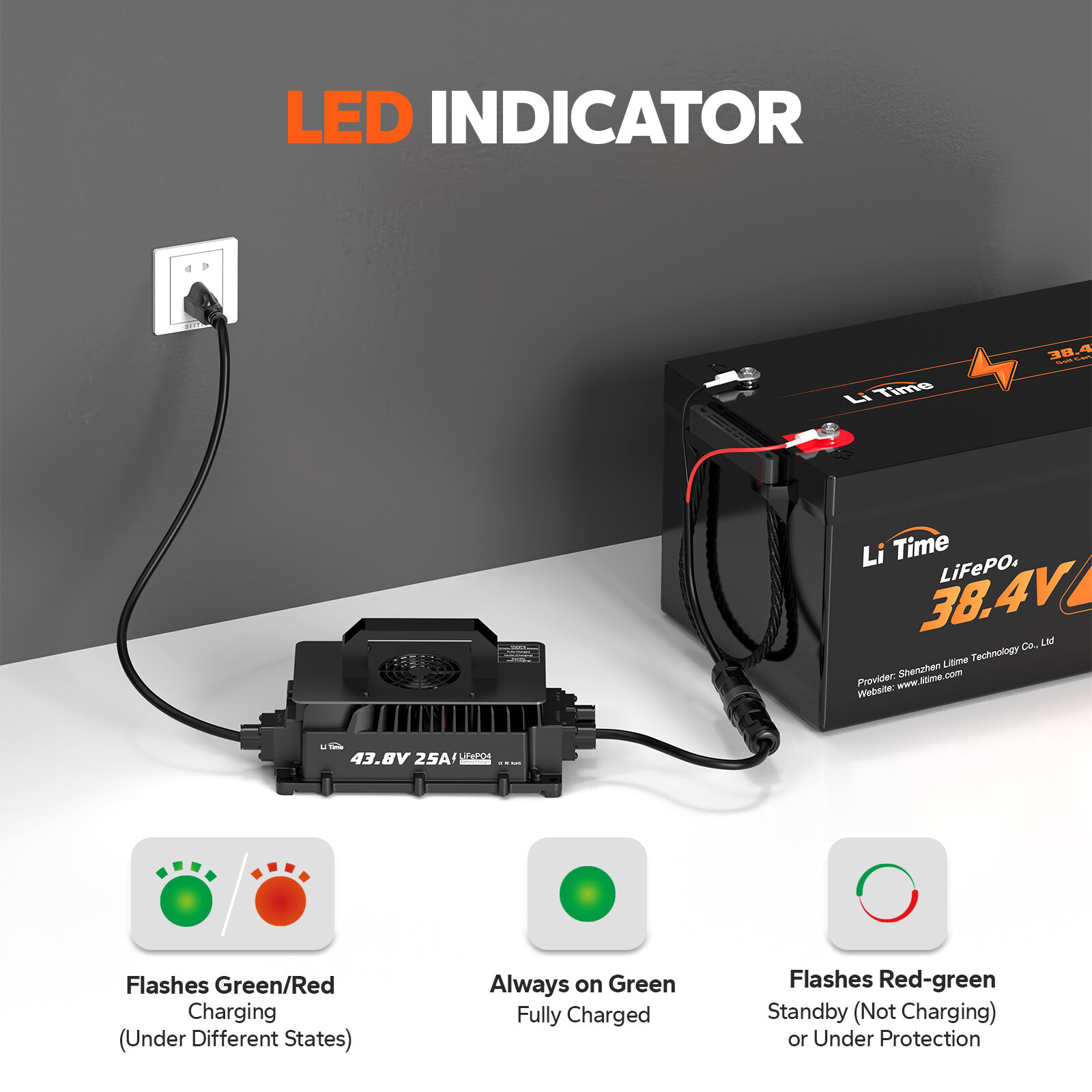 LiTime 36V(43.8V) 25A Smart AC-DC Waterproof Charger for Lithium LiFePO4 Battery