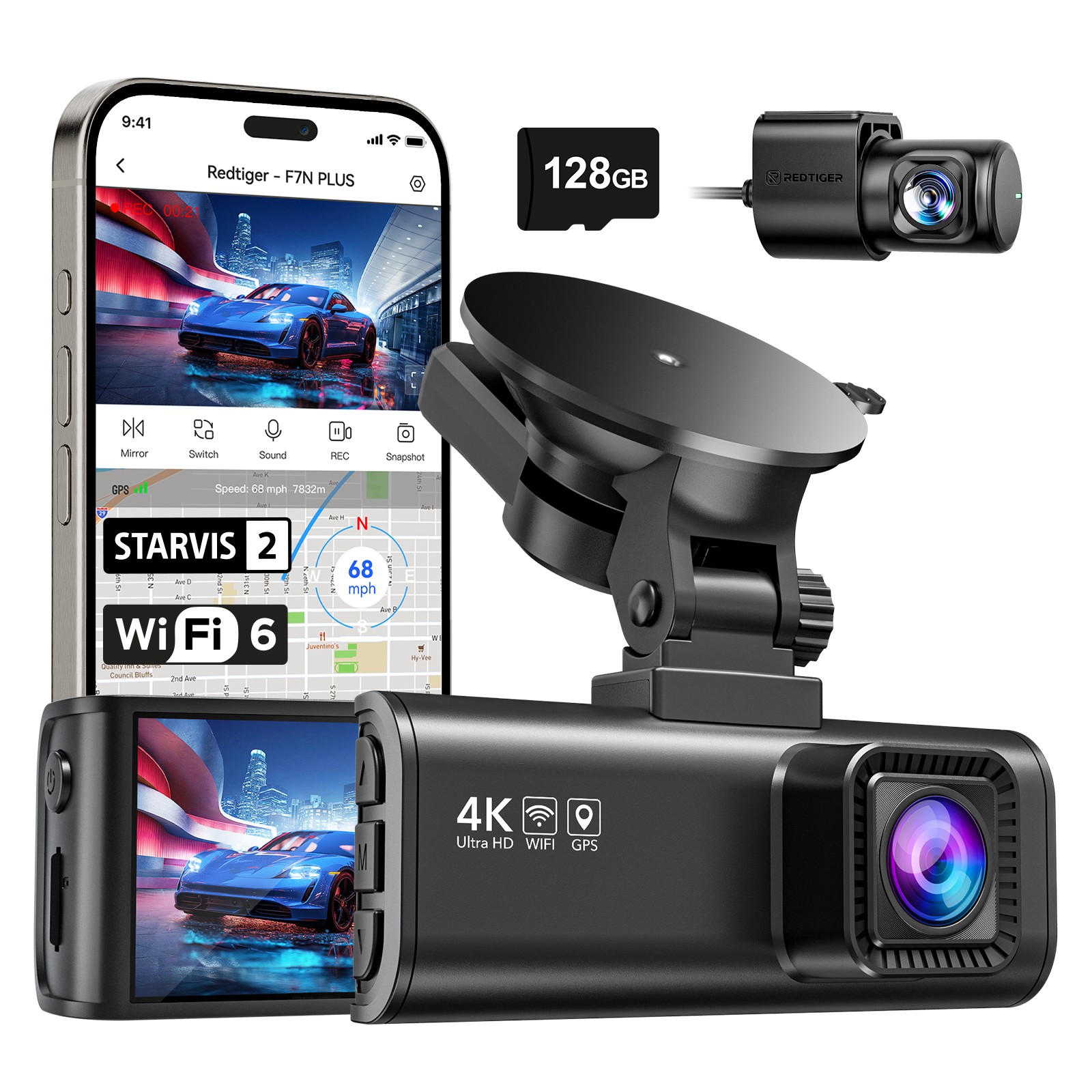REDTIGER F7NP 128GB Dash Camera Front and Rear 4K Dash Cam With WiFi&GPS