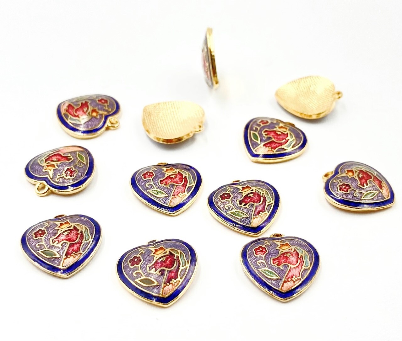 12 Vintage Cloisonné Unicorn & Flower Pink Blue Gold Heart Pendant Charms 5312PT