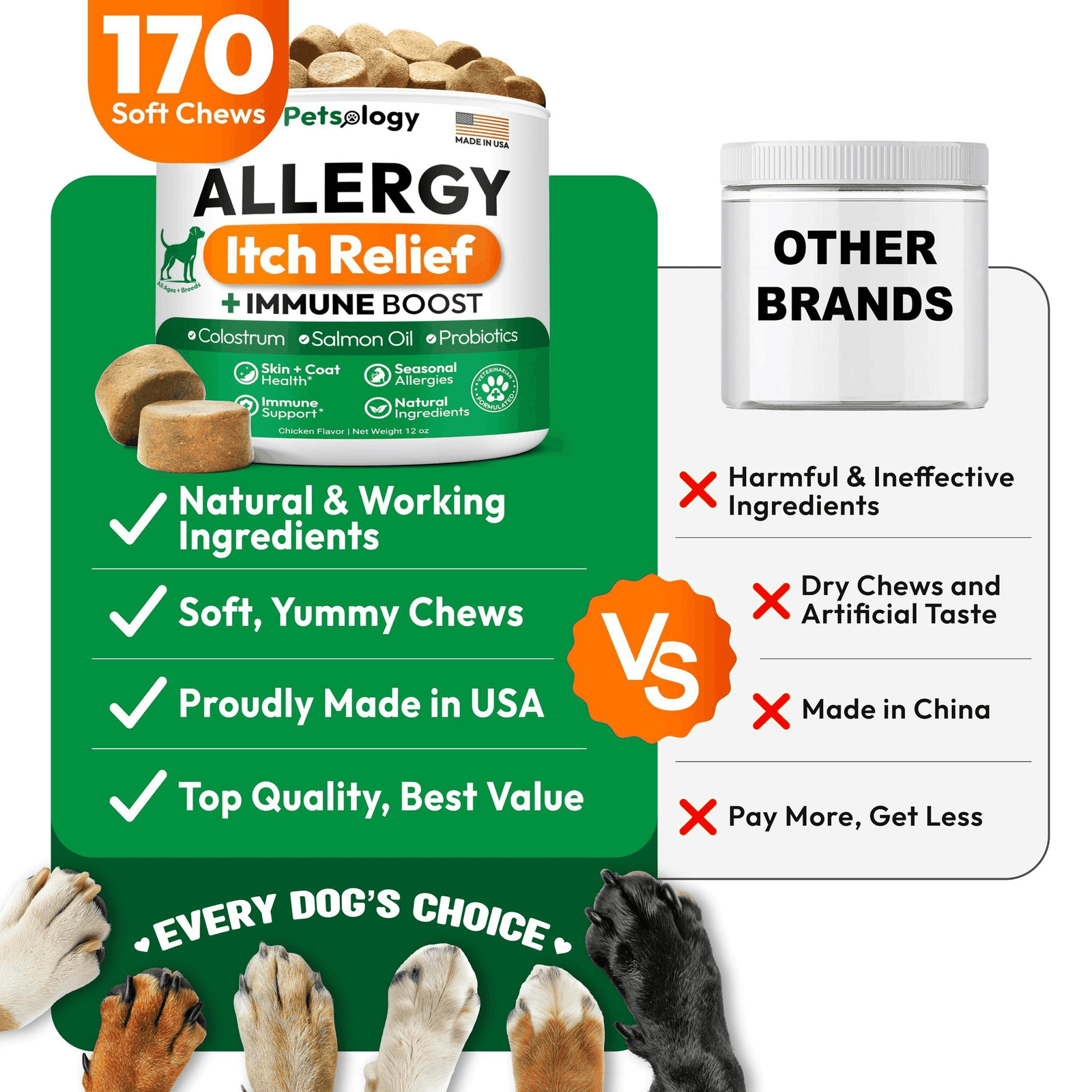Dog Allergy Relief Chews 170 Treats Itch Relief for Dogs Omega 3 Fish Oil