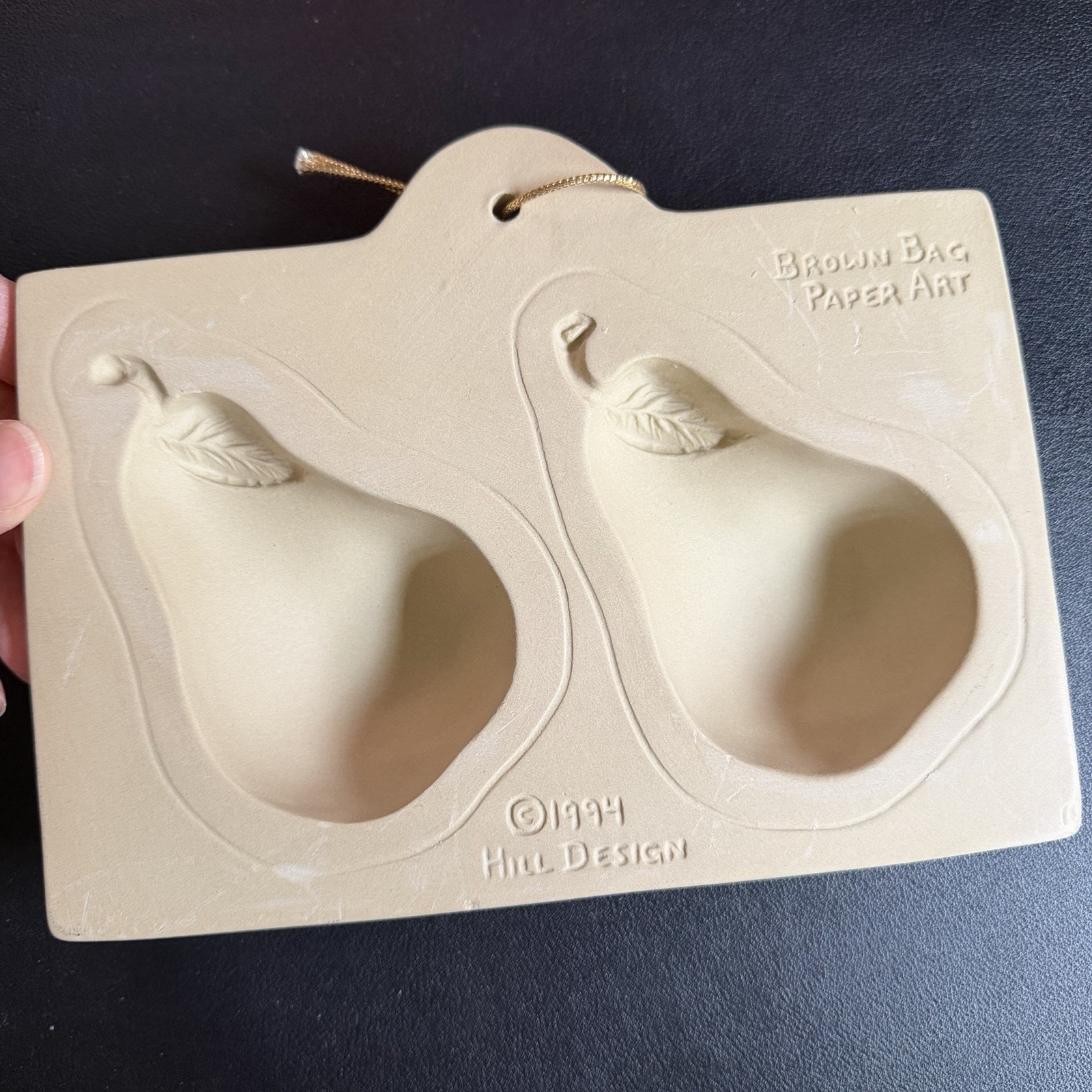 Rare Vintage Pear Paper Art Mold Brown Bag Cookie Mold Casting Ornament Holiday