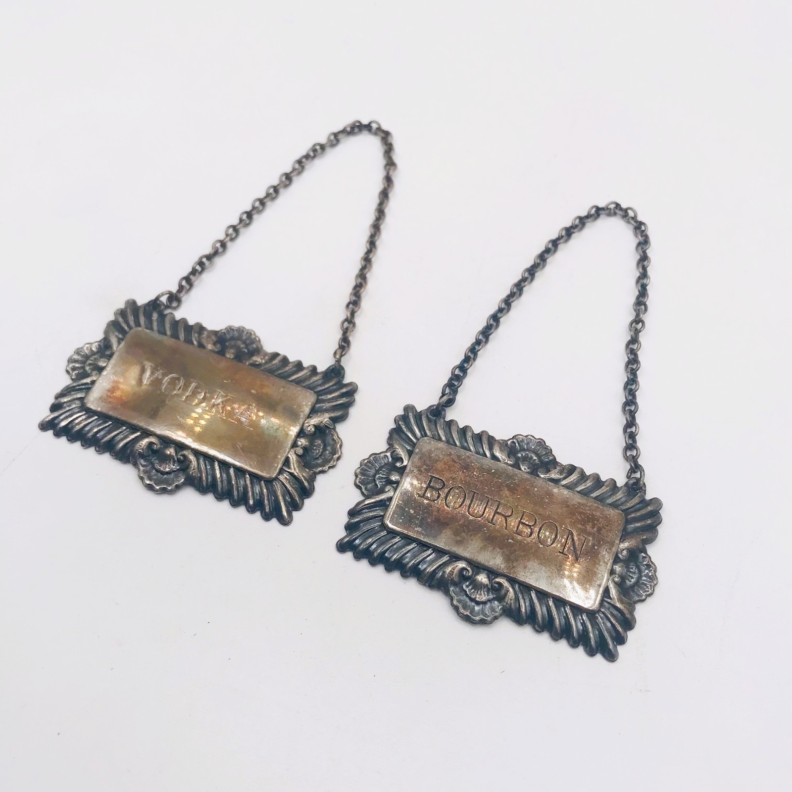 Vtg Plato EPNS Silver Plated Vodka & Bourbon Decanter Labels England SHIPS FREE!