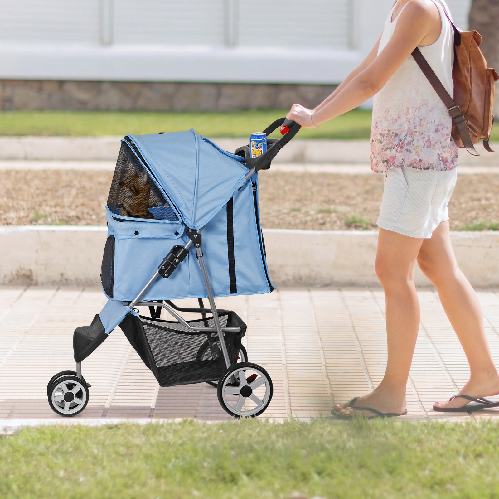 3 Wheels Pet Dog Cat Stroller for Small Medium Dogs Cats with Cup Holder Blue