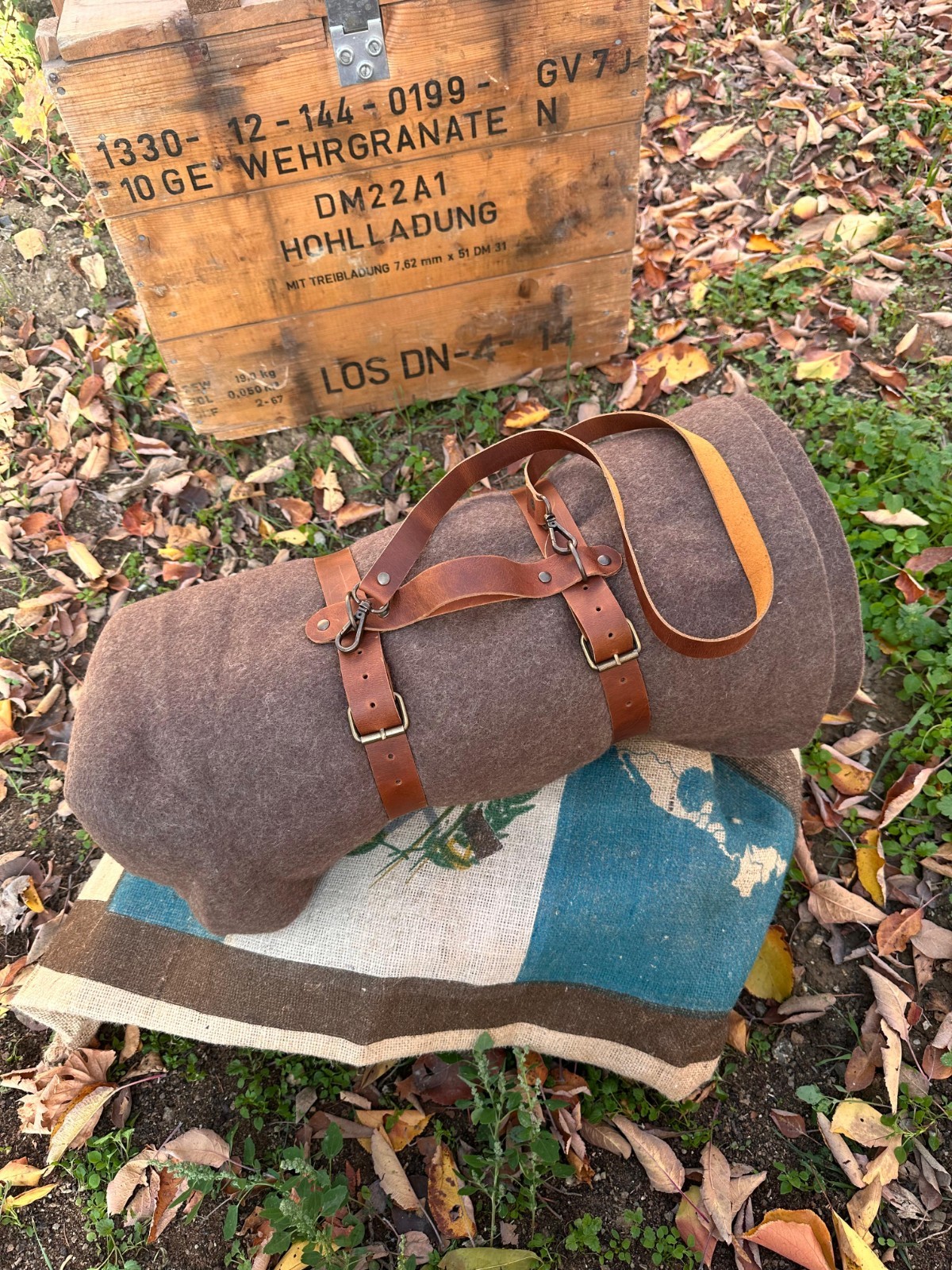 Bushcraft Wool Blanket with Handmade Leather Strap, Natural Blanket For Outdoor