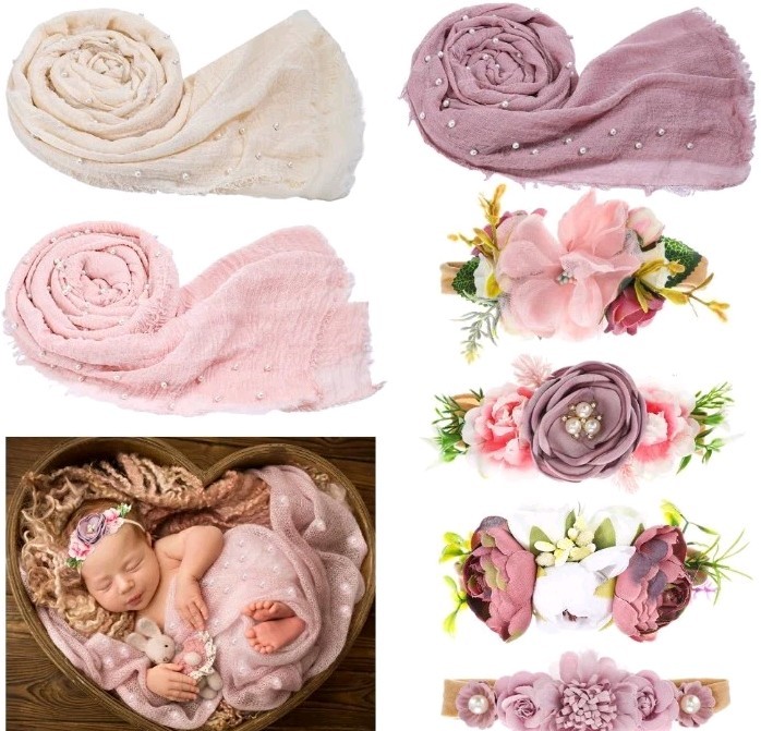 Baby Photo Shoot Props Beautiful Fabric Flower Headbands Pink Cream Lavender 7pc
