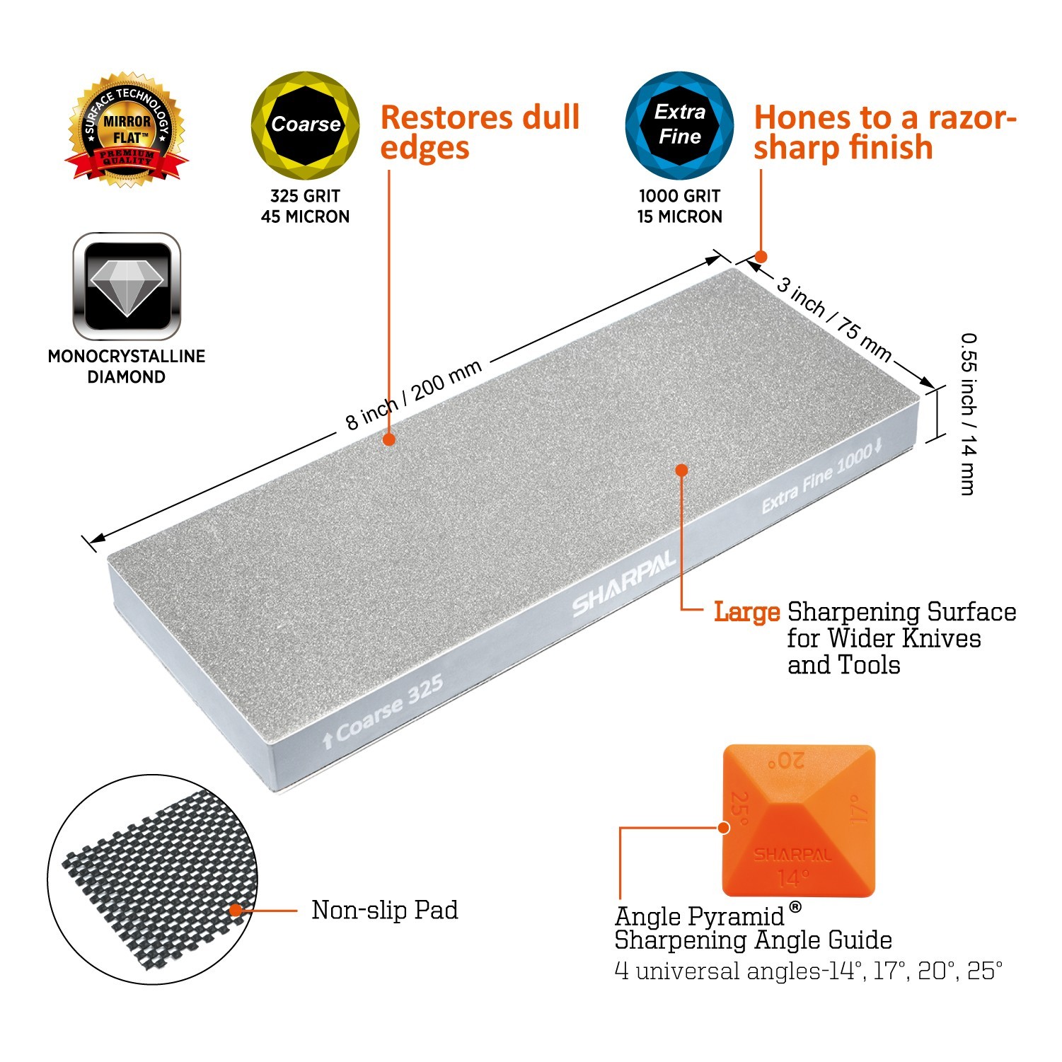 SHARPAL 8" x 3"Dual-Grit Diamond Sharpening Stone with Anti-Slip Pad&Angle Guide