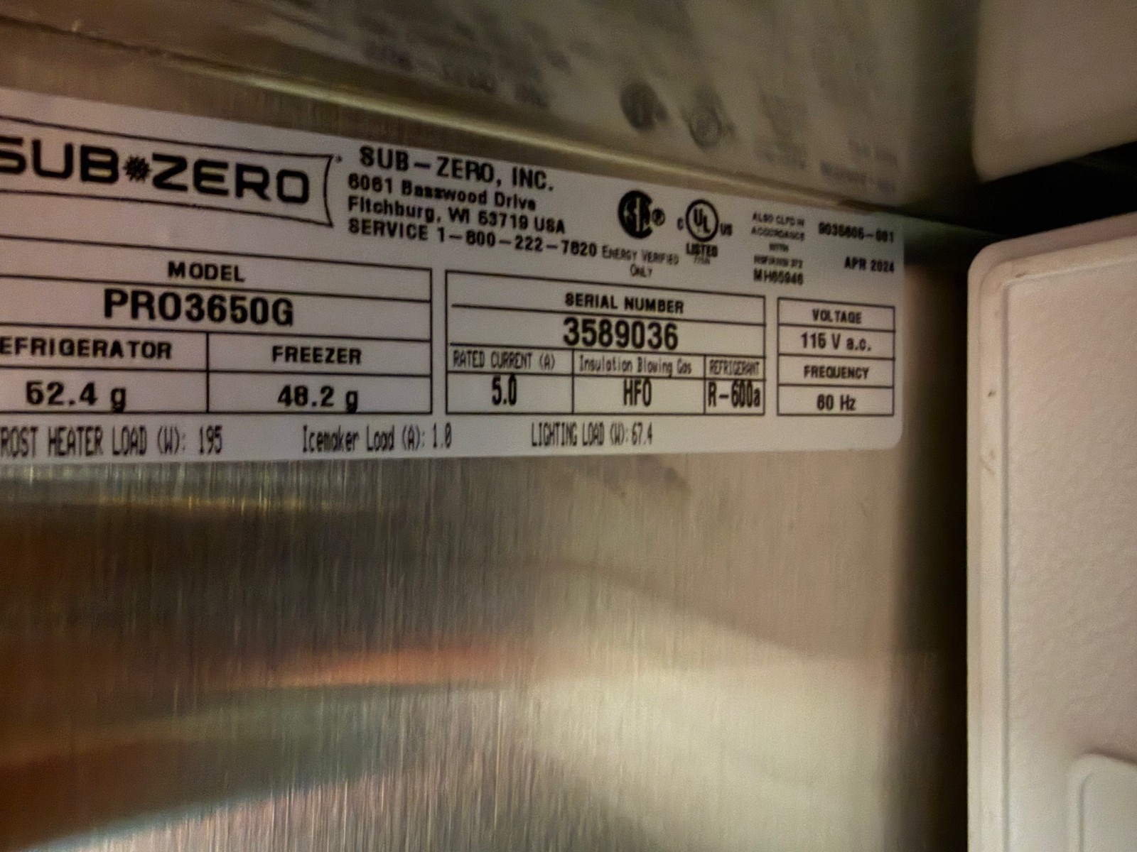 36” Subzero Refrigerator Freezer PRO3650GRH (Used 2024)