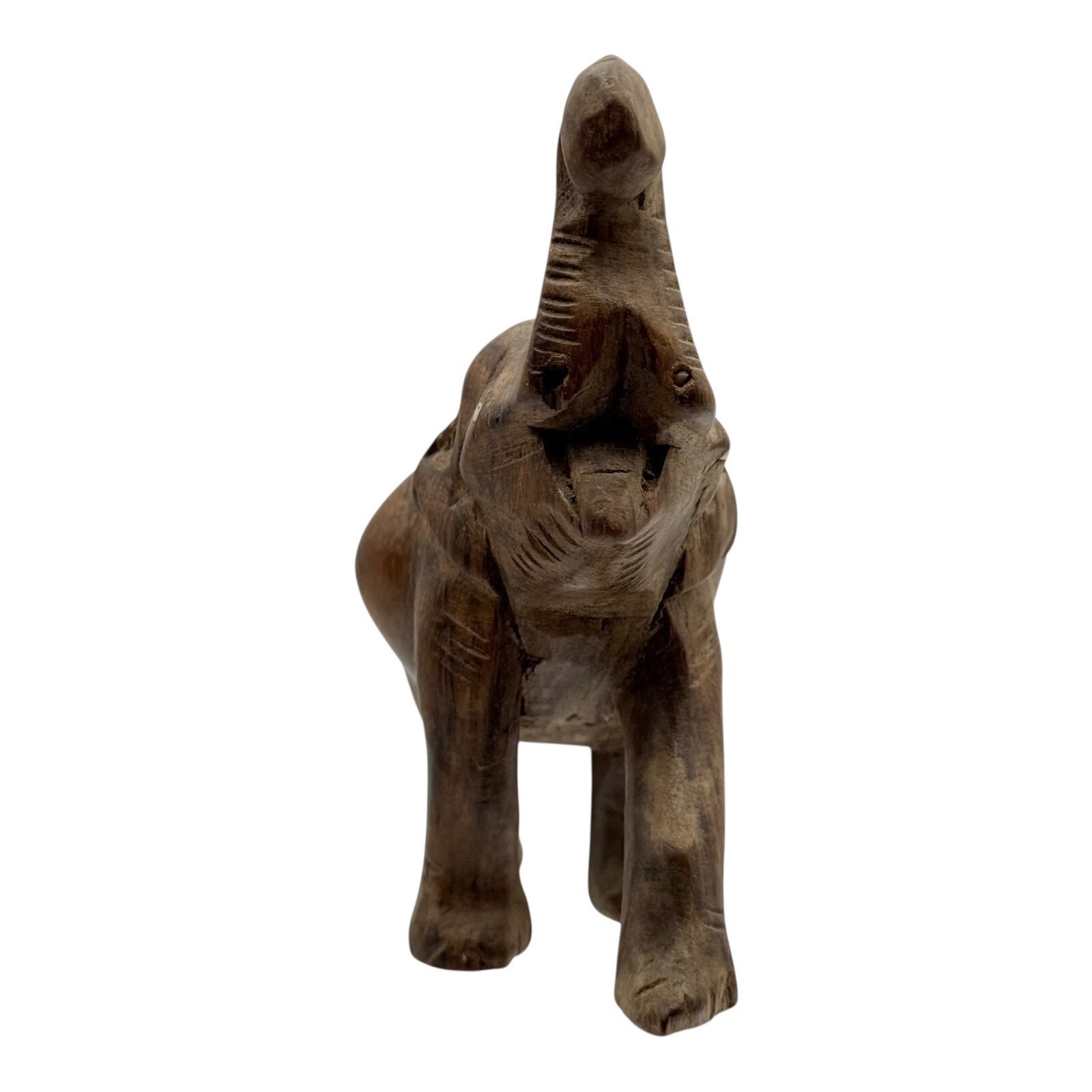 Wood Elephant Statue Figurine Trunk Up Good Luck Decor Animal Vintage Carving