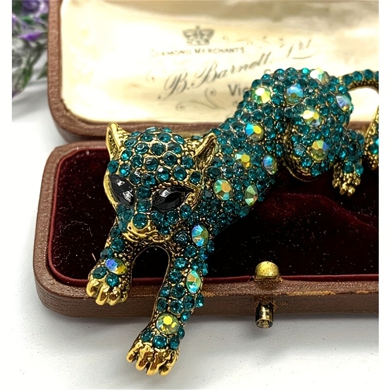 Vintage Leopard Brooch Pin - Animal Green & Golden Pins Jewelry
