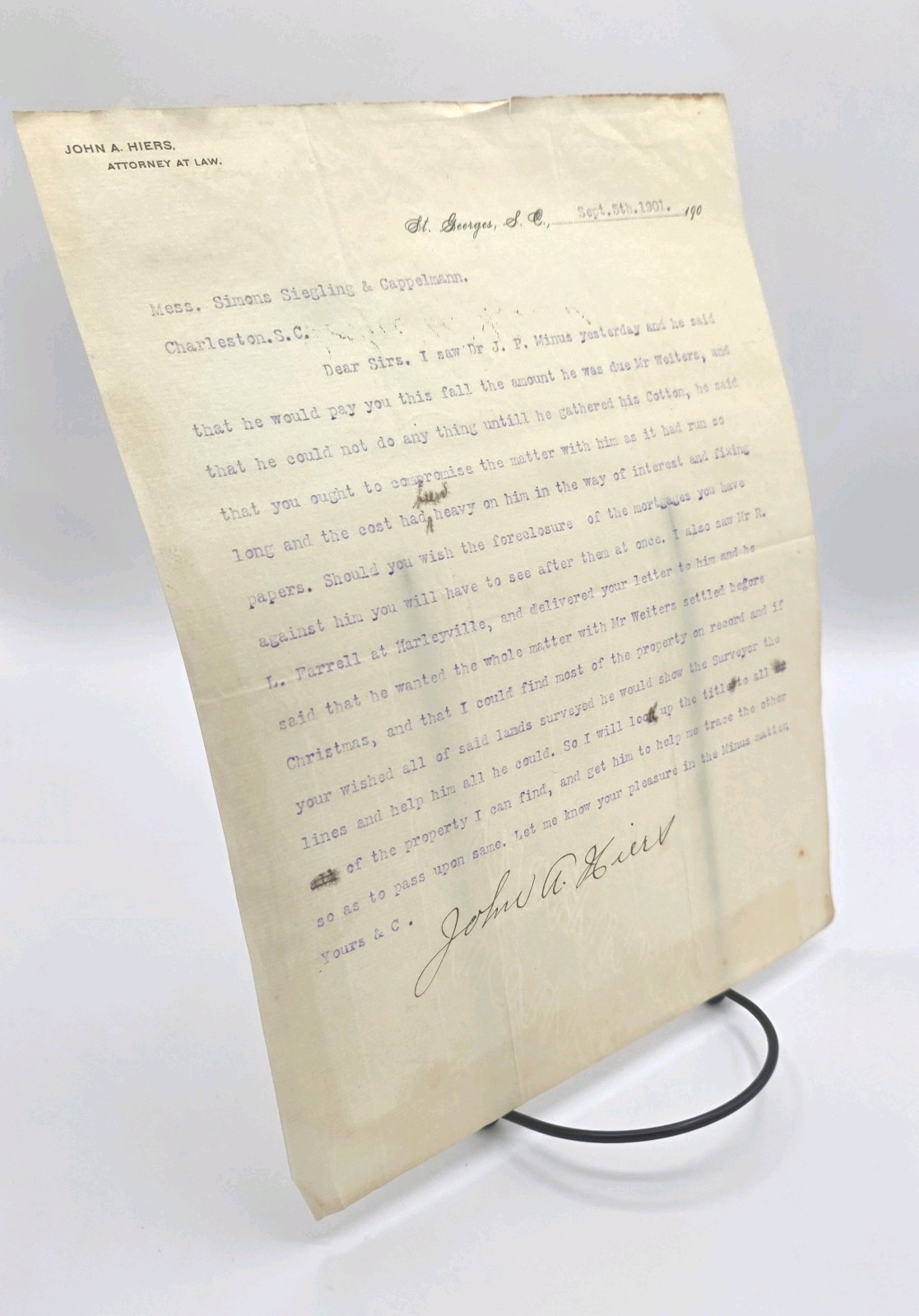 1901 South Carolina Letter Cotton Debt Charleston Law Dr. J.P. Minus