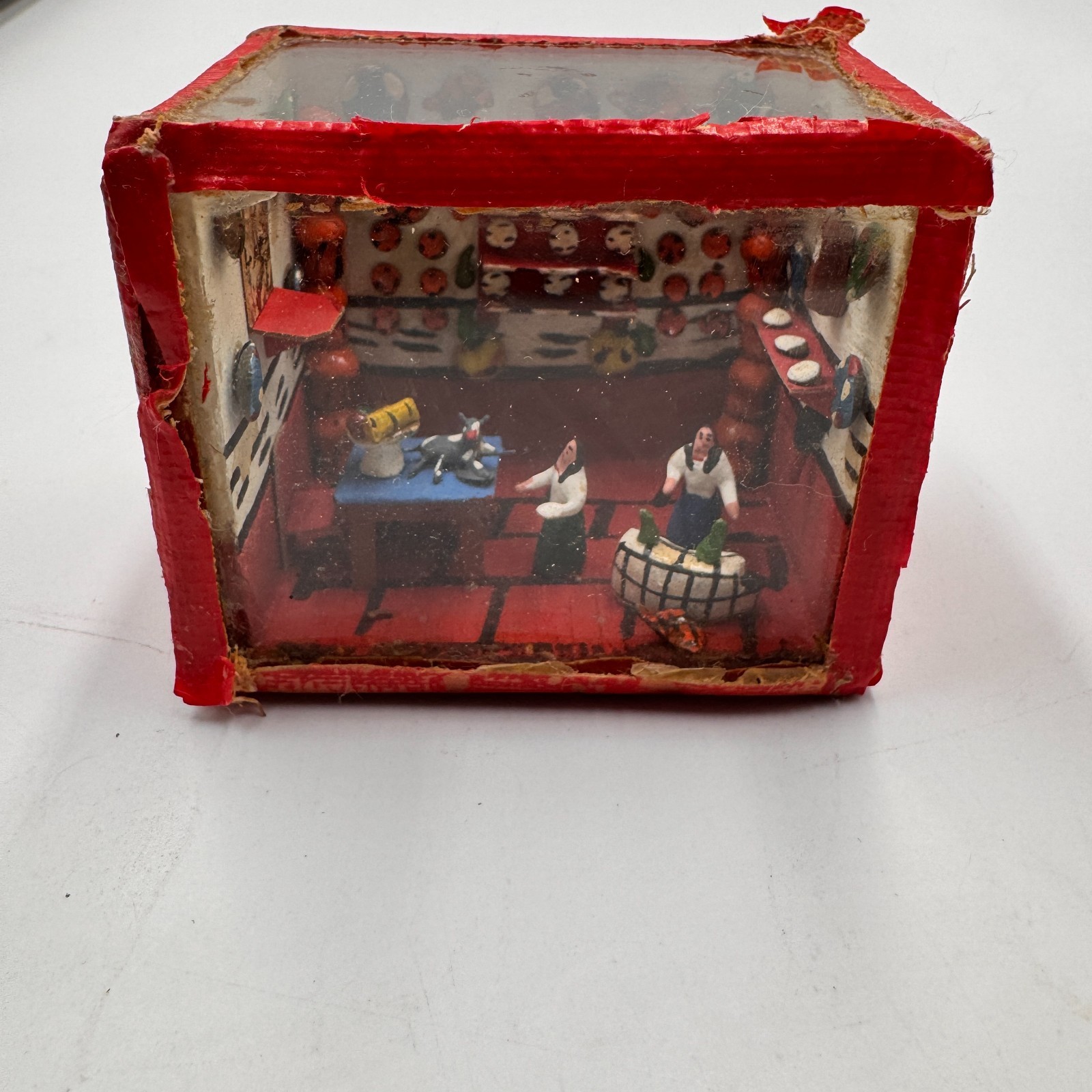 Vintage Handmade Mexican Folk Art Diorama Miniature Kitchen Scene Red Shadowbox