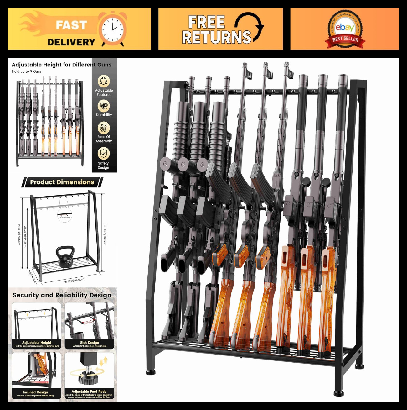Heavy Duty Gun Rack Stand for 9 Long Rifles - Adjustable Vertical Storage Organi